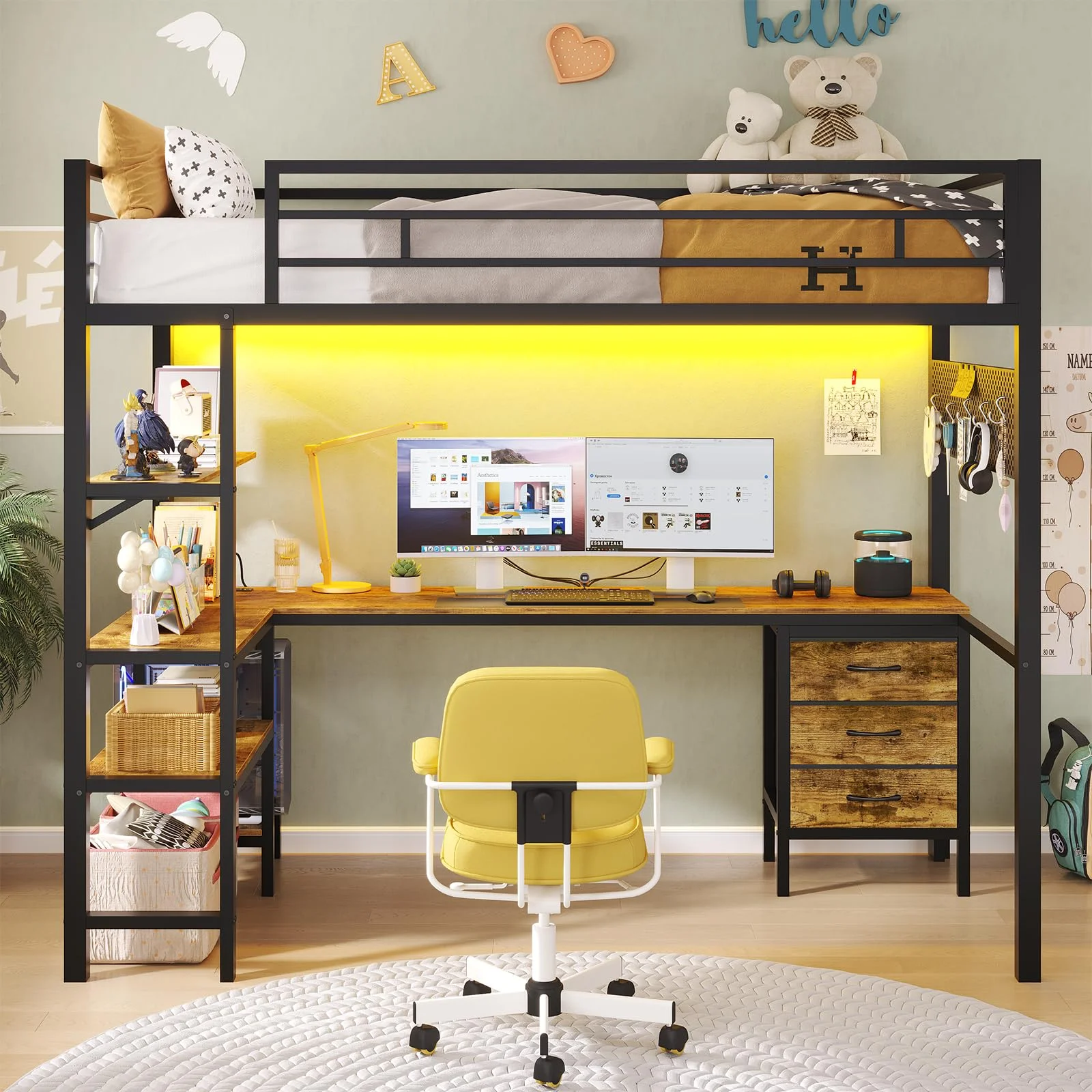 Afuhokles Loft Bed Twin Size with L-Shaped Desk and Charging Station, LED Light Twin Metal Loft Bed with Fabric Drawers and Shelves, Gray