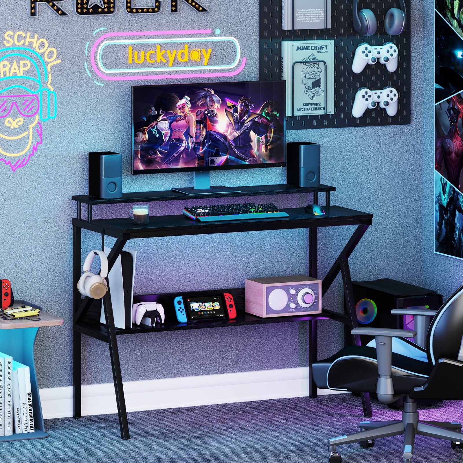 Costway Home Office Desk with Monitor Stand, Open Shelf & Metal Frame, Earphone Hook White