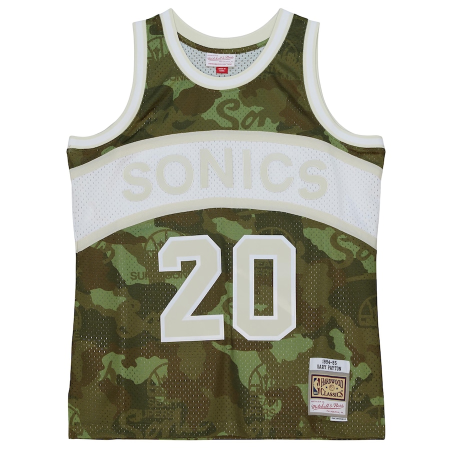 Men's Seattle SuperSonics Gary Payton Mitchell & Ness Camo Hardwood Classics 1984/85 Ghost Green Swingman Jersey