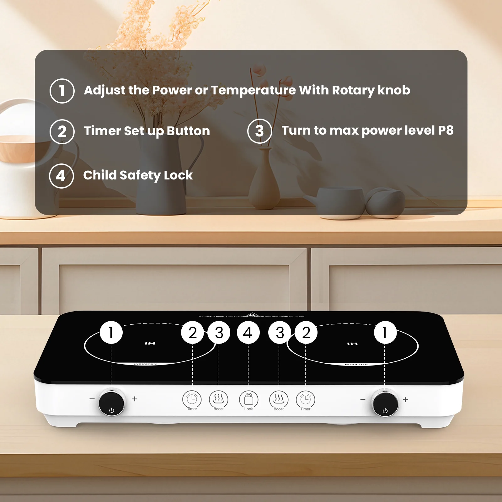 Advwin Double Induction Cooktop Burner, 1800W Portable Induction Cooktop with 8 Temperature & Power Levels, Timer, Child Lock, Independent 2 Burner Control, Ultra-Thin Design