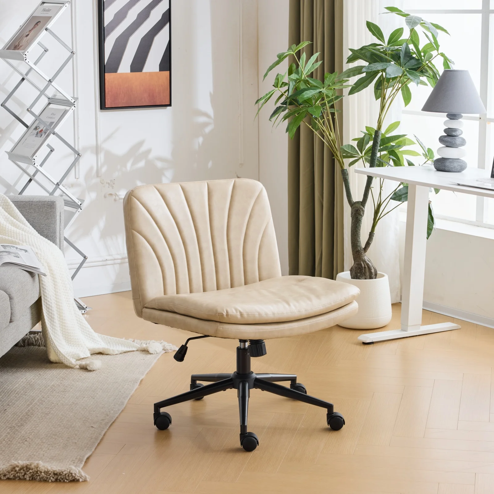 Ktaxon Armless Office Chair Swivel Study Chair Adjustable Desk Chair with Criss Cross Legs and Wheels for Conference and Home Faux Leather Gray