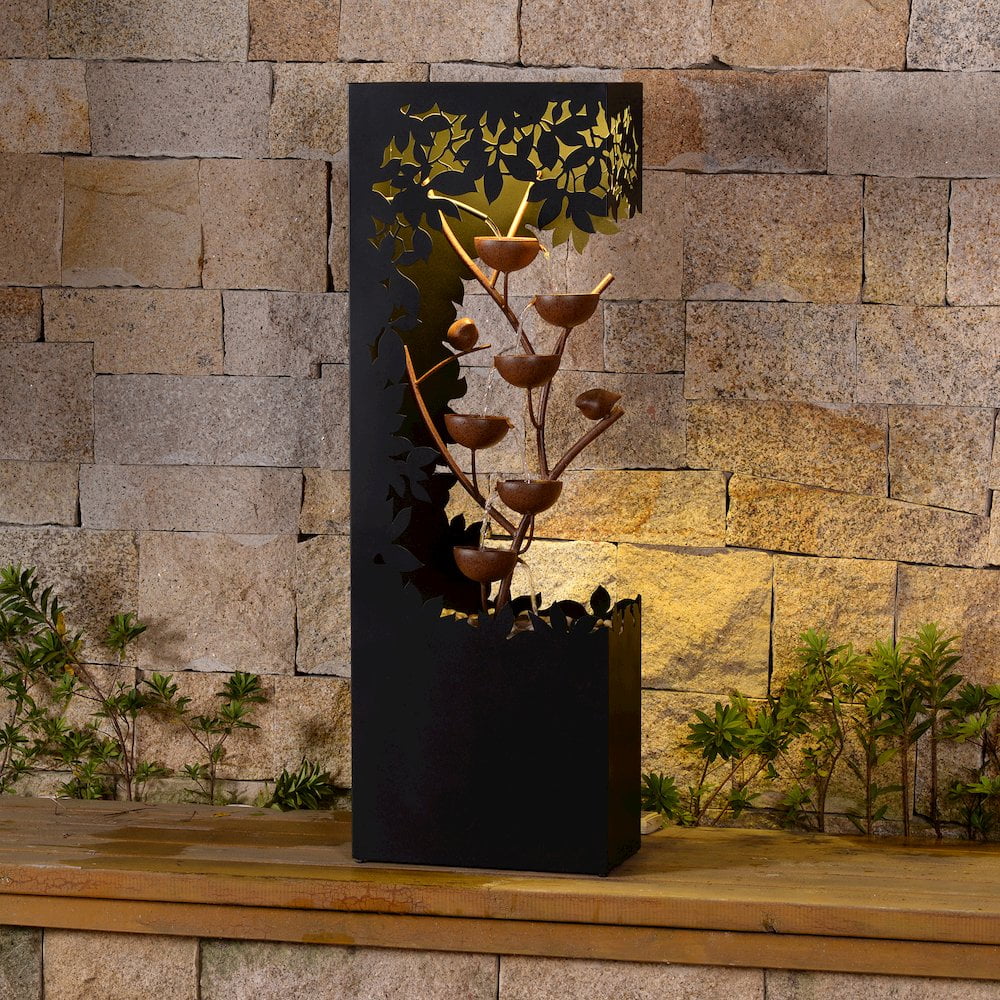 Hi-Line Gift Ltd. Black LED Fountain with Hollowed Flower & Bowl Design - Outdoor
