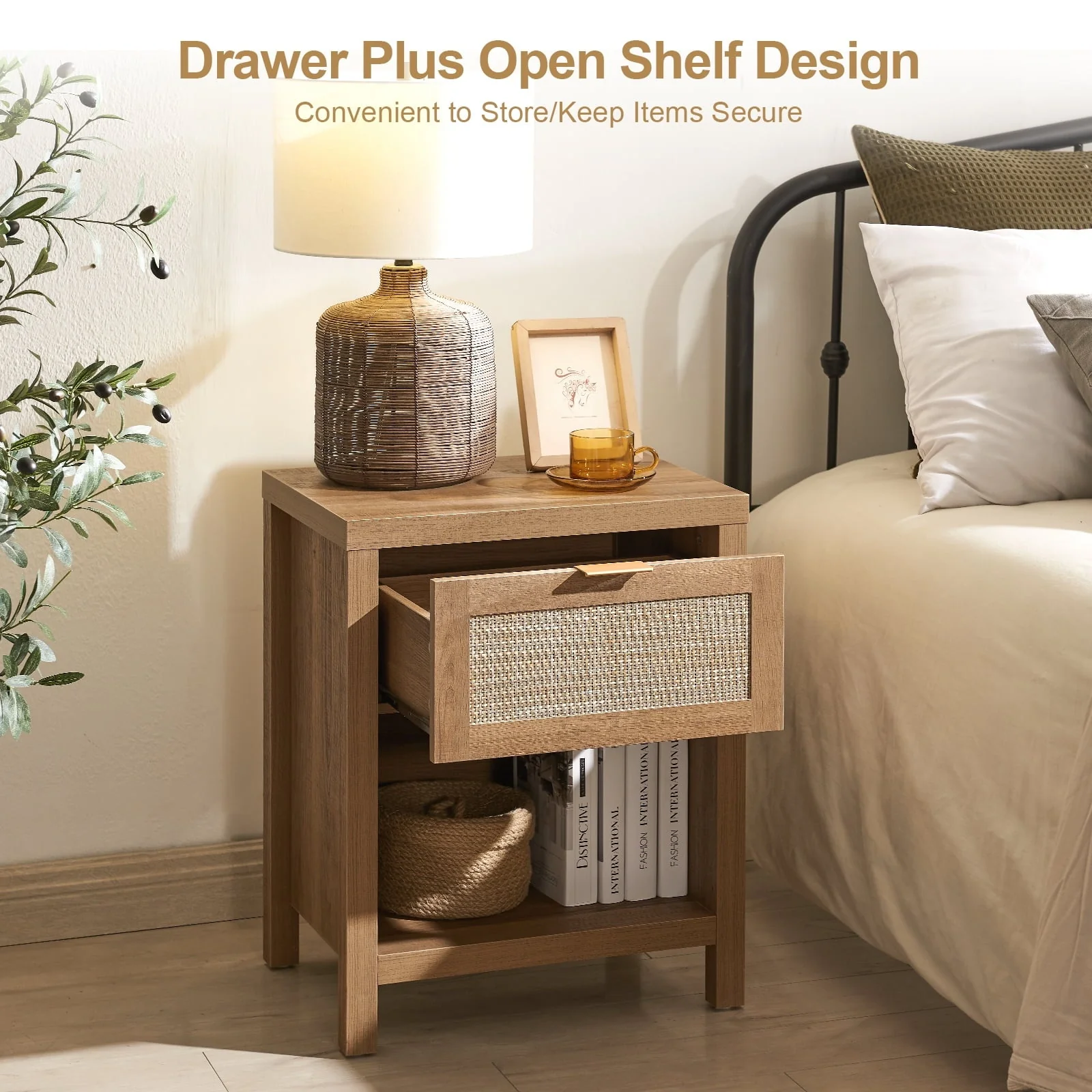 Surmoby Rattan Nightstand Set of 2,Farmhouse Bedside Tables with Drawer and Storage Shelf,Natural Boho End Table Side Table for Bedroom,Living Room