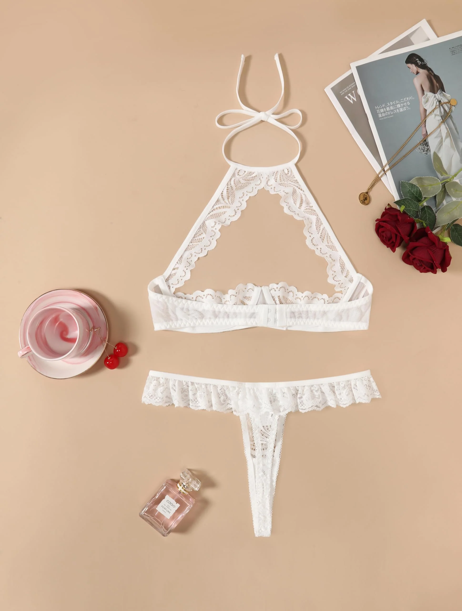 Avidlove Sexy Underwire Push Up Lingerie for Women Floral Lace Sheer Lingerie Set for Women Halter Bra and Panty 2 Piece White XX-Large