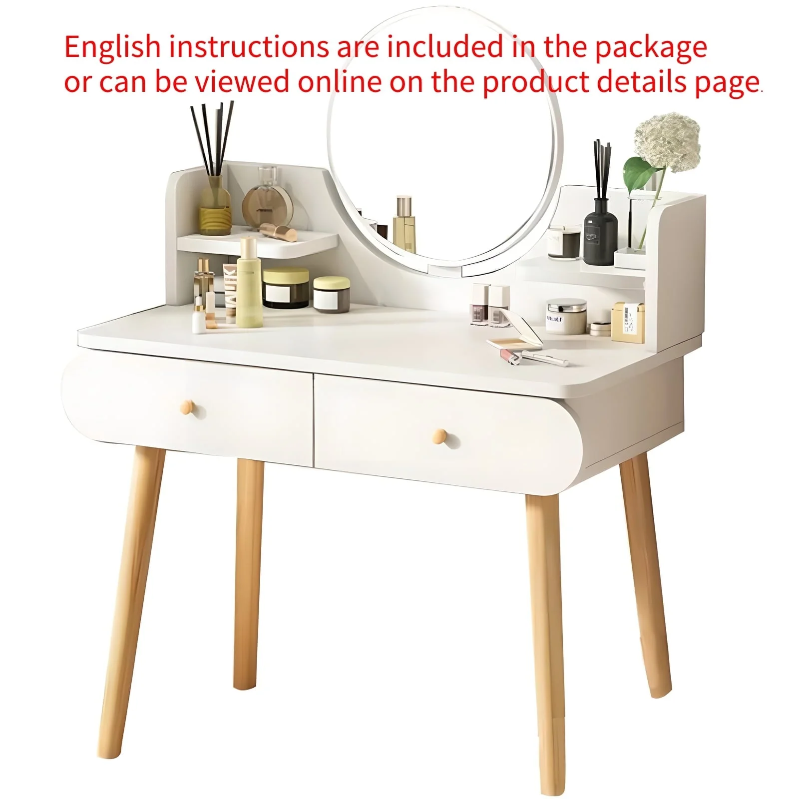 Modern Vanity Table Makeup Desk, 2 Drawers and 4 Shelves for Bedroom White(Without Stool and LED)