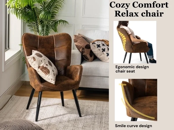 Living Room Desk Chair Leisure Chair - Nursery Desk chairs with Tufted Upholstery Wing Mid Back Metal Legs, Brown Suede Black Metal