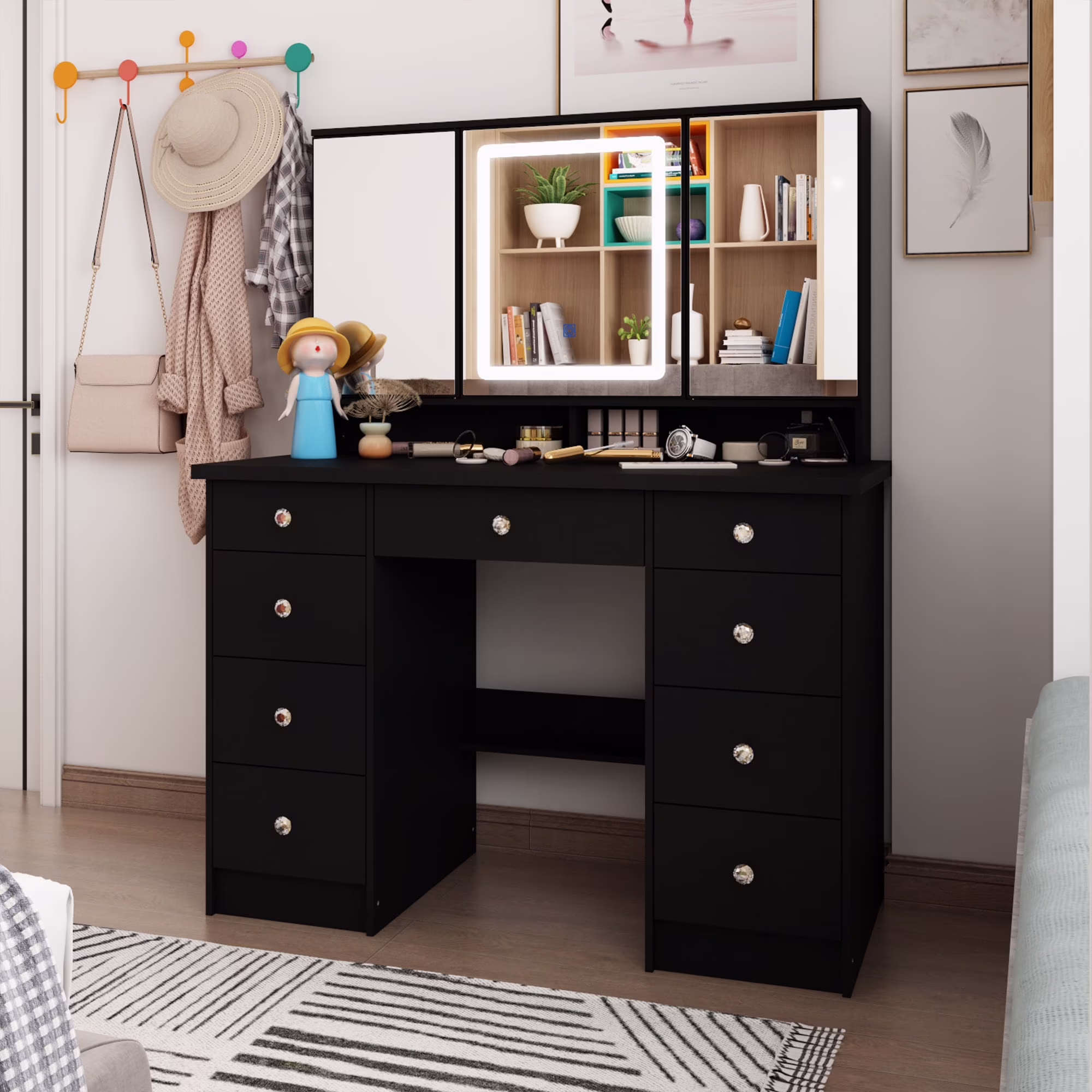 MONSLIPA Makeup Vanity Desk Set w/ Light, Sturdy Dressing Vanity Table with Bench, Shelves & Drawers