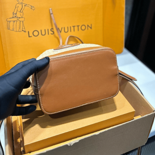 Louis Vuitton Noé Purse Raffia Woven Mini Bucket Bag Brown 7.5 Inches