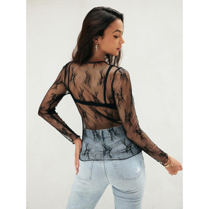 Women's 2026 Long Sleeve Lace Sheer Mesh Tops
