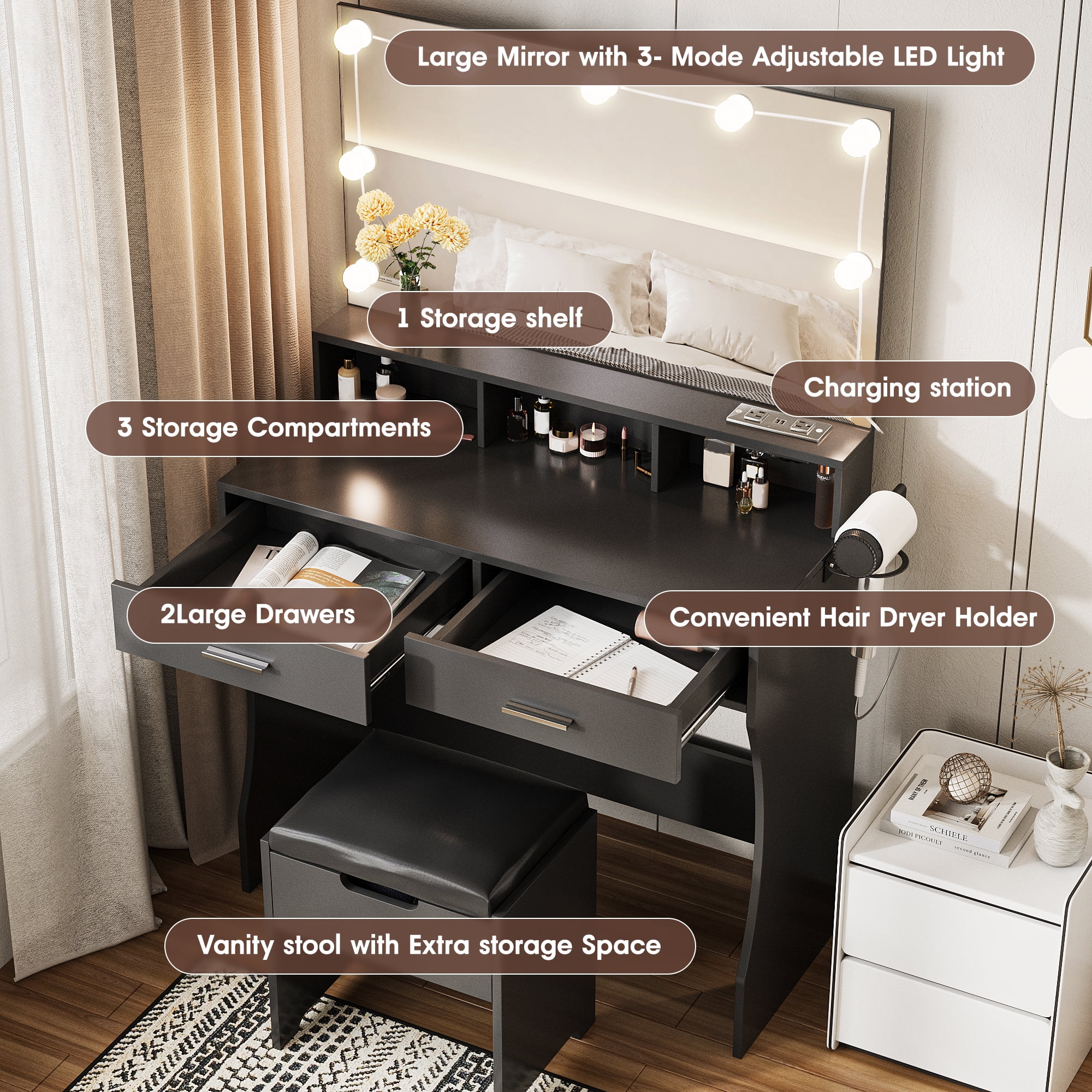Modern Vanity Table Set with Lighted Mirror,Makeup Table with 2 Drawers & Power Strip,Dresser Desk for Girls, Women, White