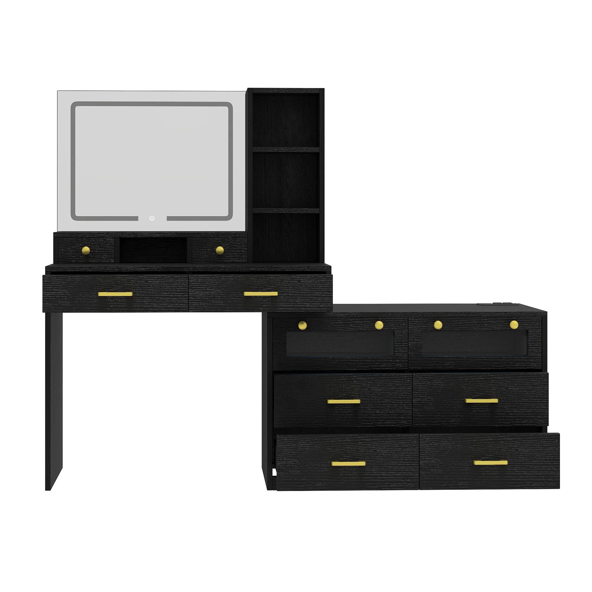 Uforic Vanity Makeup Desk with LED Light Mirror & Power Outlet, 10 Drawers, 4 Storage Shelves, 3 Color Modes & Adjustable Brightness Dressing Table, Corner Vanity,L Shape Change, 65