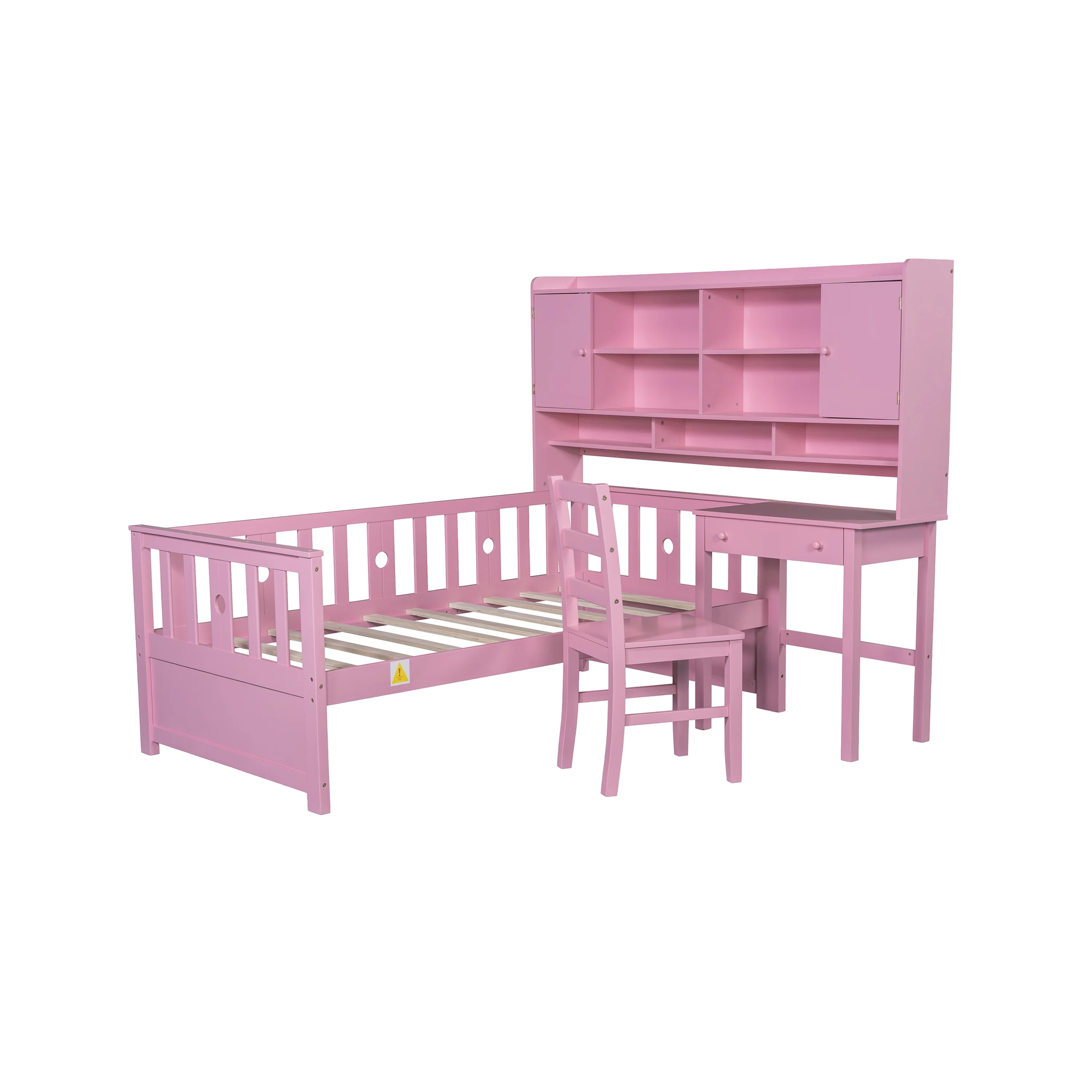 Euroco Wood Twin Size Platform Bed with Desk and Shelves, Table and Chair Set for Kids, Natural