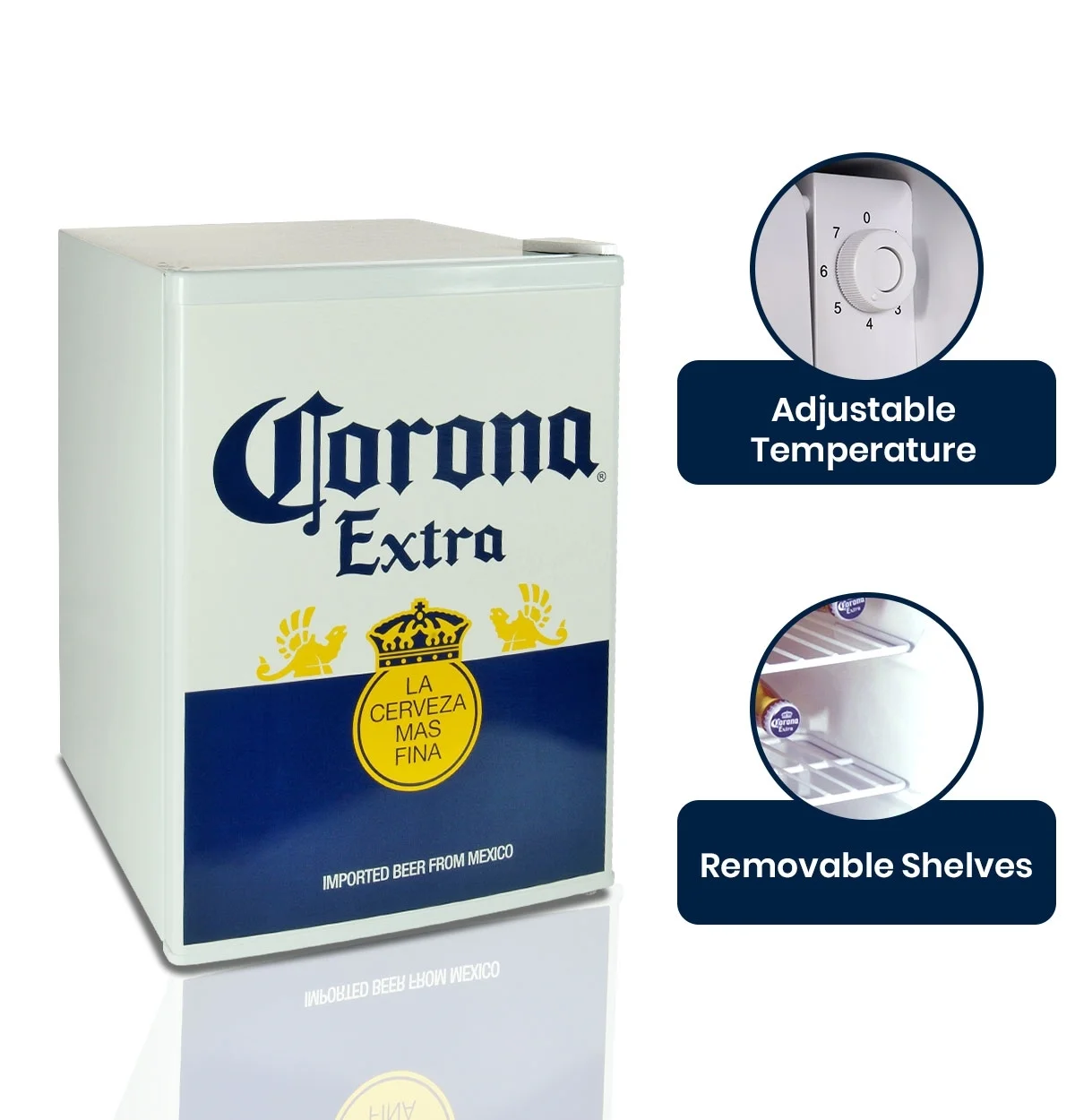 Corona Mini Beer Fridge with Freezer, 2.4 Cu. Ft, 70L Capacity White & Blue Compact Beverage Cooler