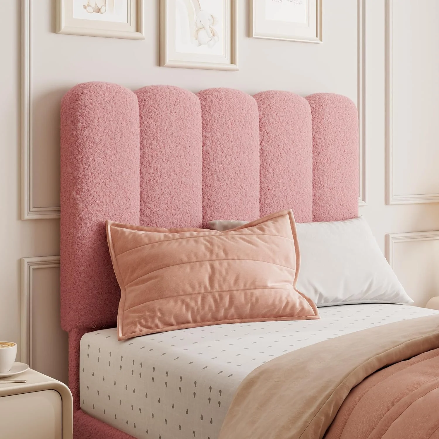 Boucle Twin Bed Frame with Wave Headboard - Upholstered Platform Bed, Wood Slat Support, No Box Spring Needed, Easy Assembly, Pink