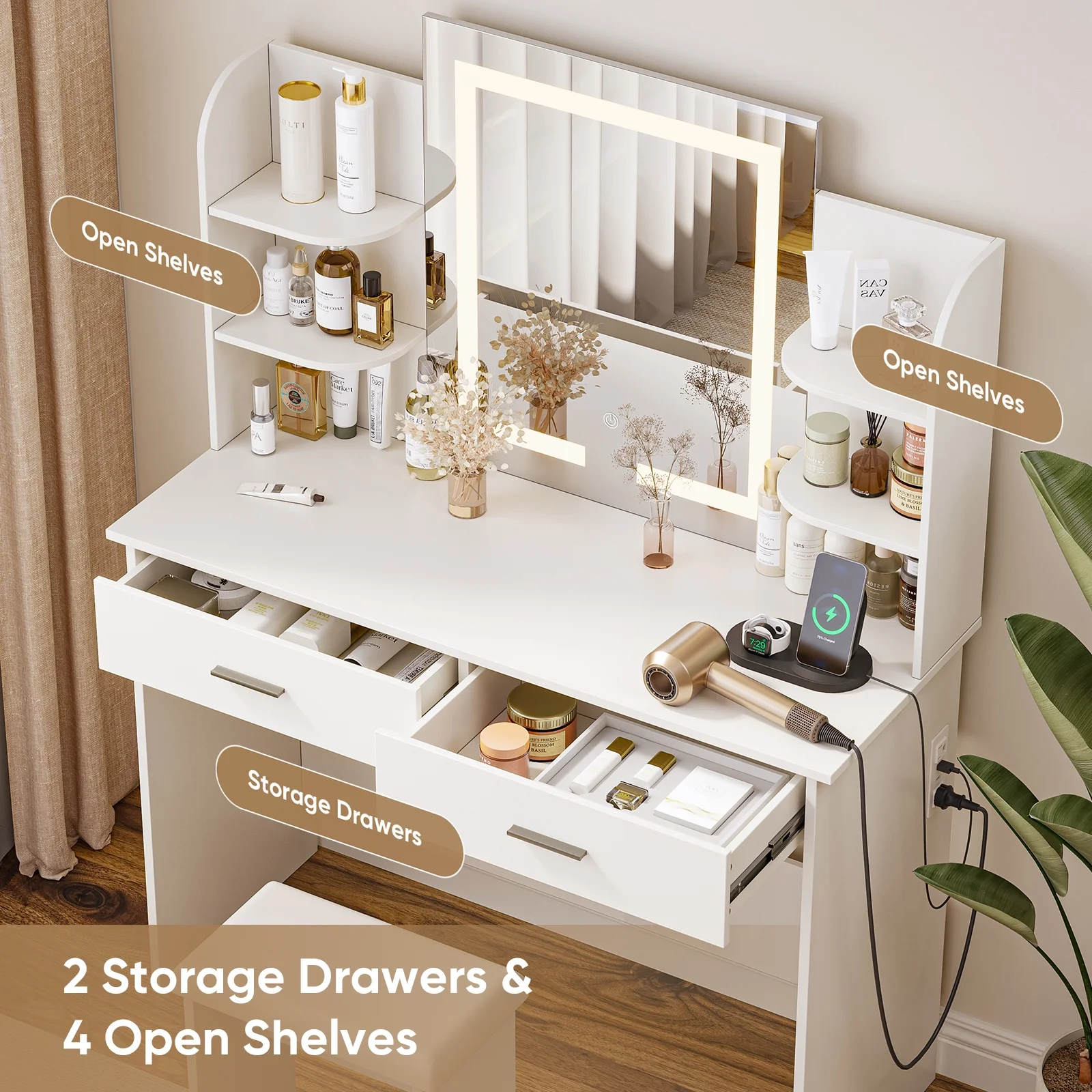 Vanity Desk with Chair, White Makeup Desk Set with Mirror & LED Lights, Vanity Table with Power Strip, 2 Drawers, 4 Shelves
