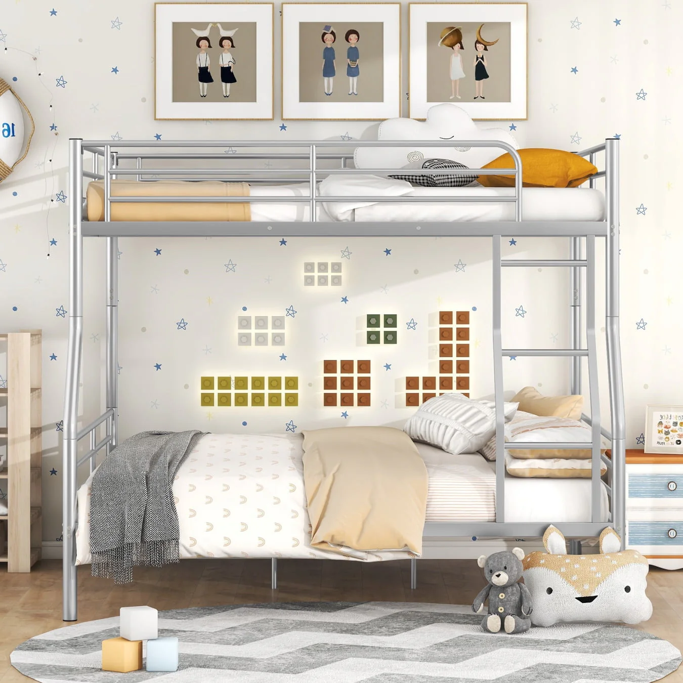 Full XL Over Queen Metal Bunk Bed, Can be Converted into 2 Beds, Sturdy Metal Bunk Bed Frame with Ladder, Guard Rails and Slats Support, for Kids Teens Adults,Space Saving & No Box Spring Need, Sliver
