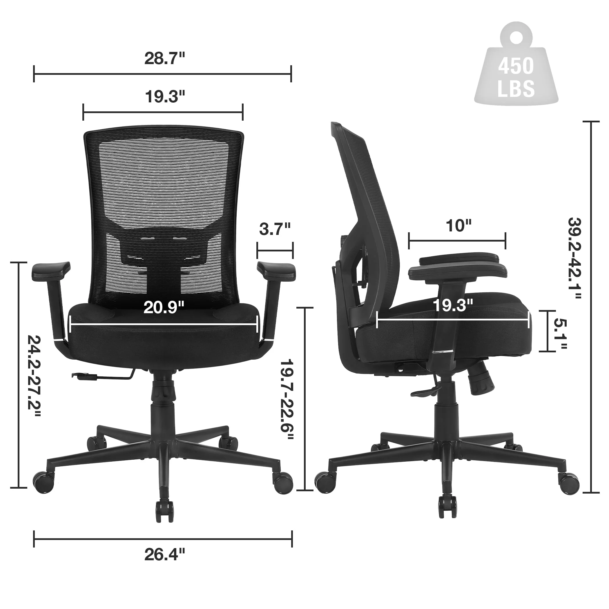 Blue Whale Big and Tall Office Chair 450lbs, Ergonomic High Back Computer Desk Chair for Heavy People with 2D Adjustable Waist Support and Heavy Duty Metal Base Mesh Chair,Black