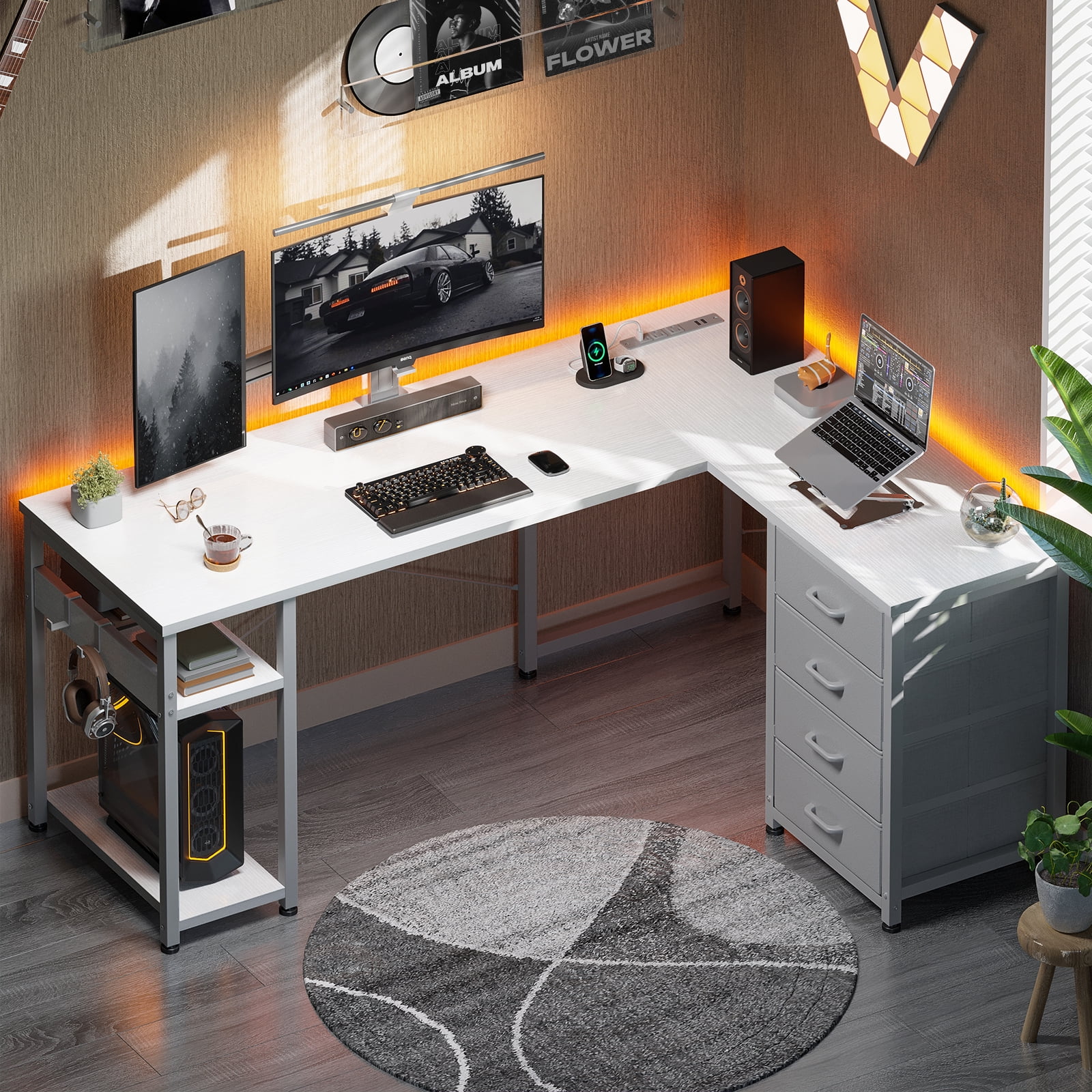 Reversible Modern Simple Style L Shaped Desk with Charging Station and Drawers, Pure Black
