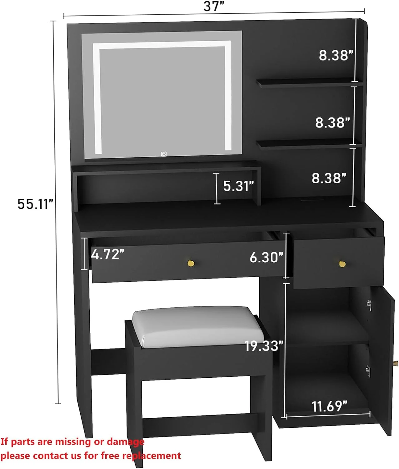ChVans White Vanity Desk with Lighted Mirror & Charging Station, Vanity Table Set w/3 Storage Shelves,2 Drawers,Storage Cabinet & Makeup Vanity Cushioned Stool(White-37