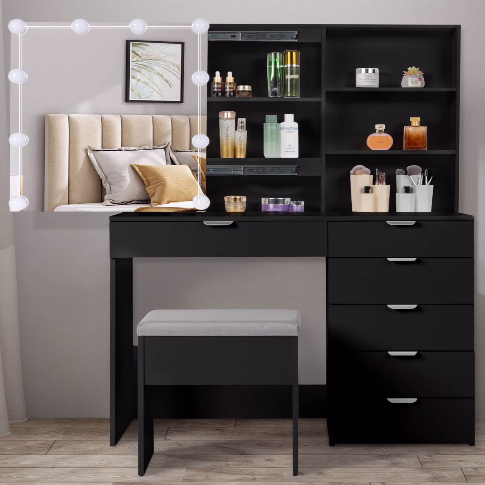 Ktaxon Vanity Set with 3 Color Lighted Mirror, Makeup Table with 6 Drawers, Dressing Table Makeup Desk with Stool,White