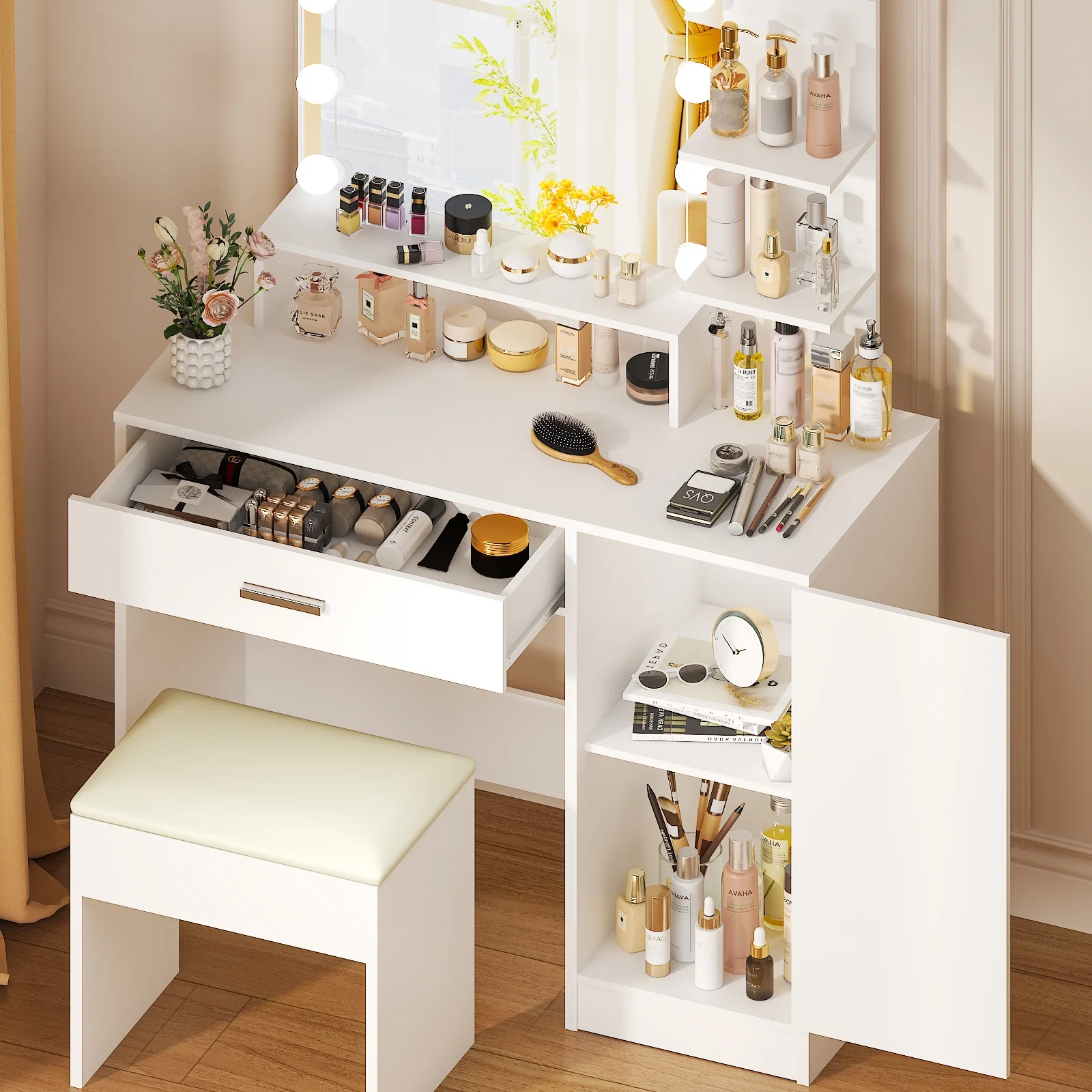 Ktaxon Vanity Set with 3 Color Lighted Mirror, Makeup Table with 3 Storage Shelves & Drawers, Dressing Table Makeup Desk with Stool,White