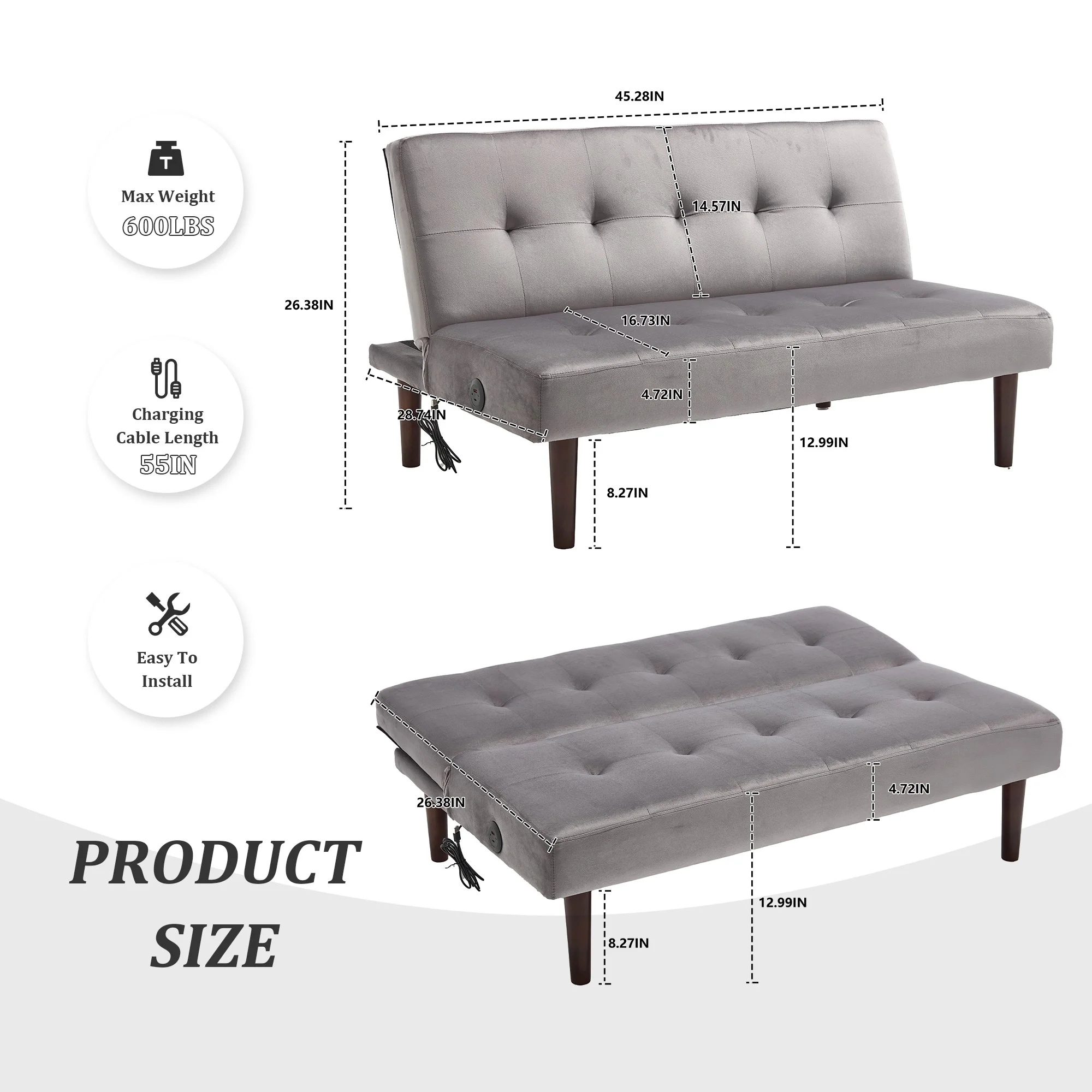 Modern Futon Sofa Bed,Flannel Fabric Back Adjustable Sleeper Sofa Loveseat Sofa Couch with Charging Port for Small Spaces,Apartment,Gray