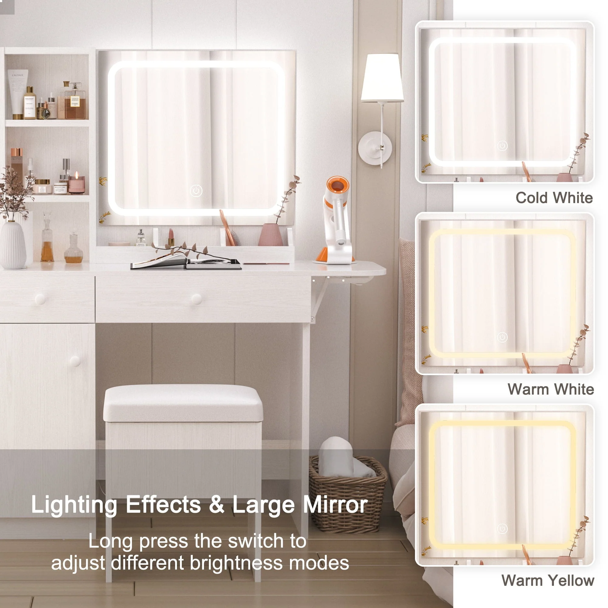 IRONCK Vanity Desk with LED Lighted Mirror & Power Outlet, Makeup Table with Drawers & Cabinet,Storage Stool,for Bedroom, White