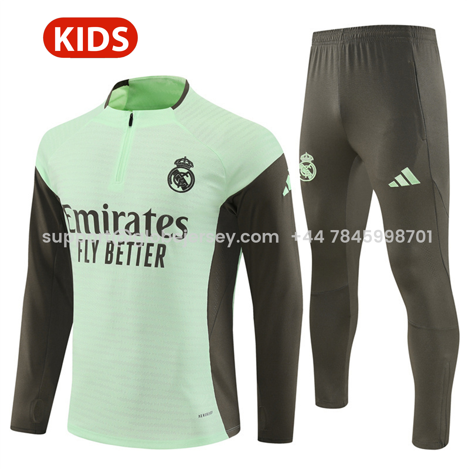 Real Madrid 25-26 Kids Long Sleeve Training Set - Player Version - Light Green Top and Khaki Pants