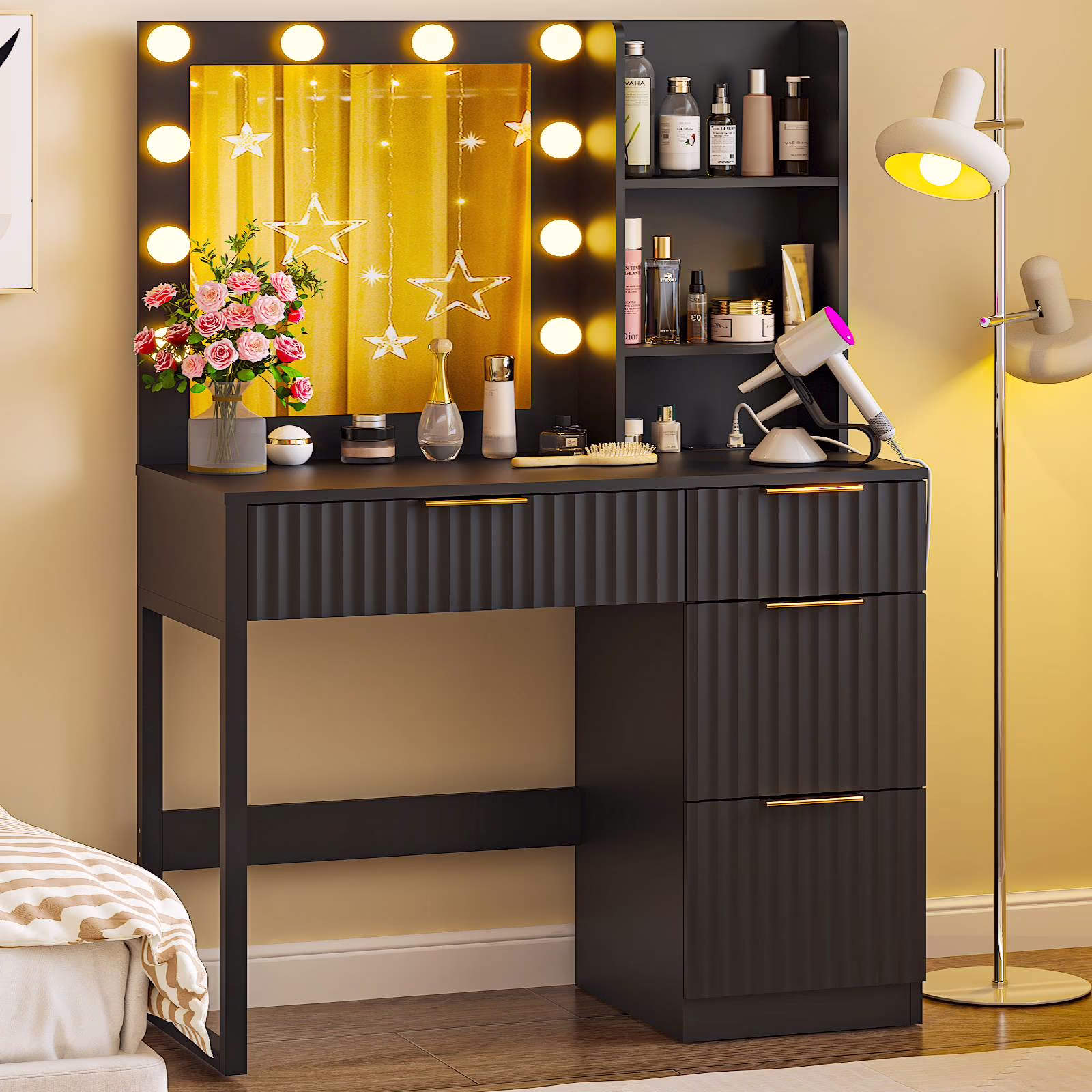 Ktaxon Vanity Set with 3 Color Lighted Mirror, Makeup Table with 3 Storage Shelves & Drawers, Dressing Table Makeup Desk with Stool,White