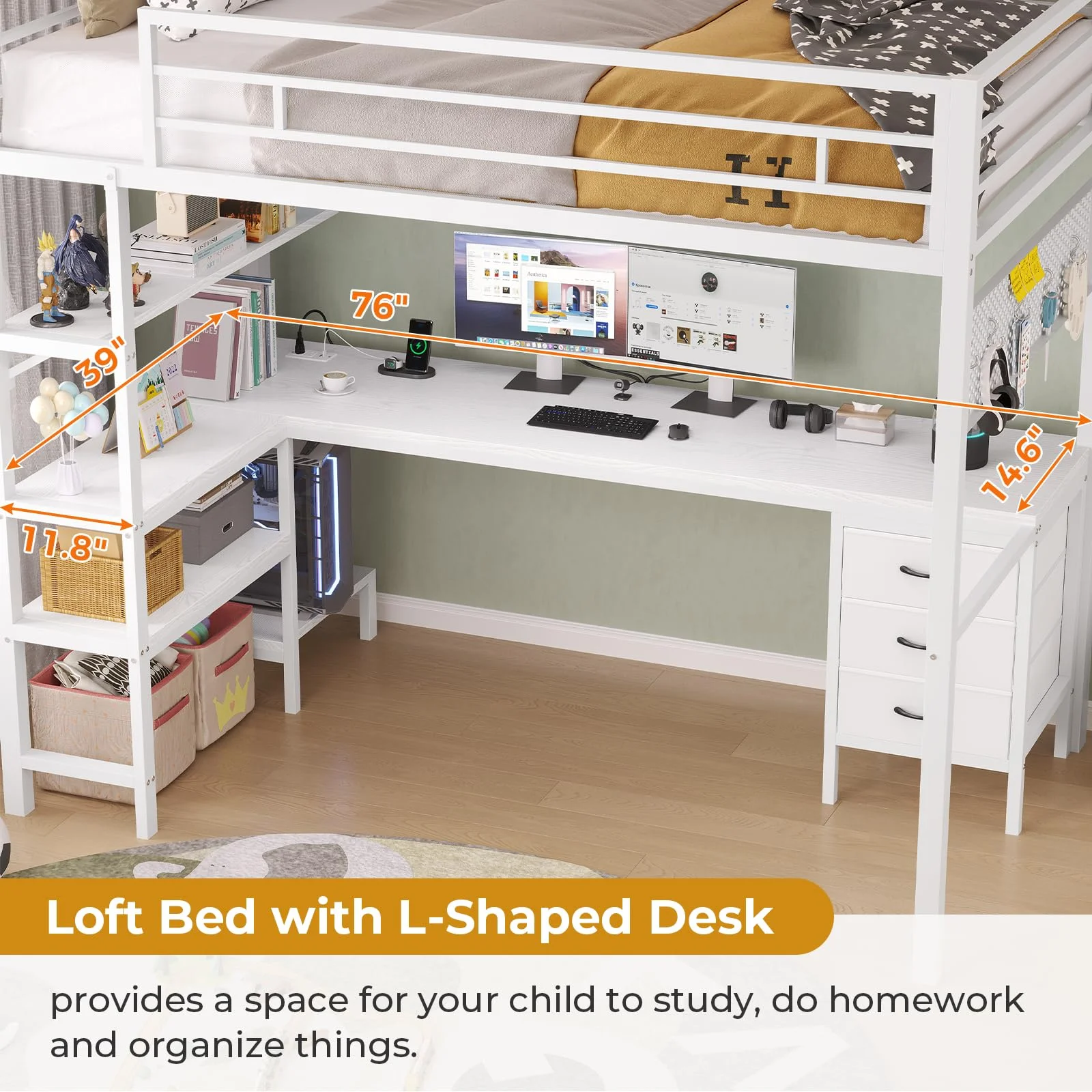 Afuhokles Loft Bed Twin Size with L-Shaped Desk and Charging Station, LED Light Twin Metal Loft Bed with Fabric Drawers and Shelves, Gray