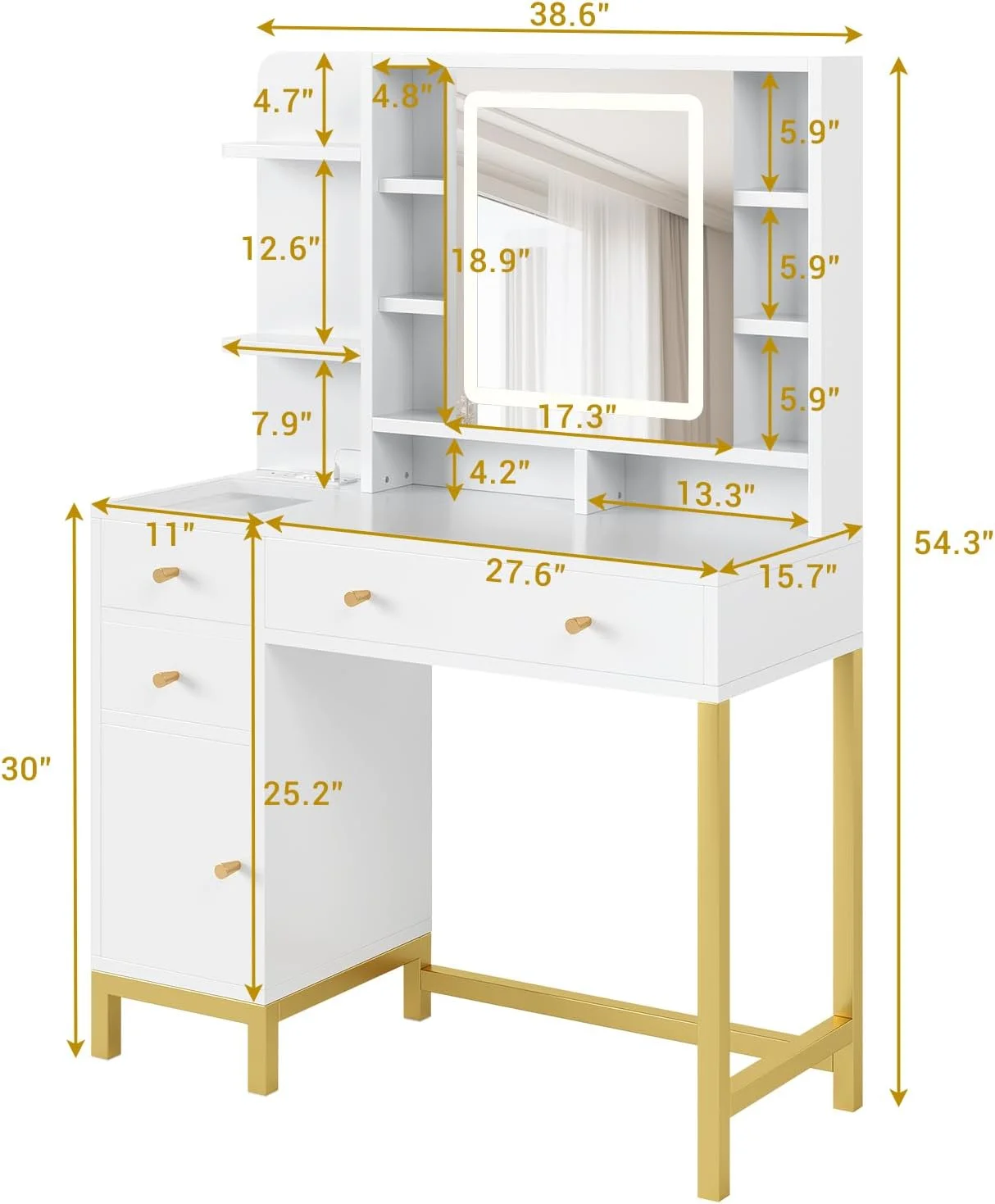 Juiluna Makeup Vanity with Led Lighted Mirror & Power Outlet, 3 Lighting Modes, Brightness Adjustable, Vanity Desk with Acrylic Tabletop & Drawers and Cabinets for Bedroom, White