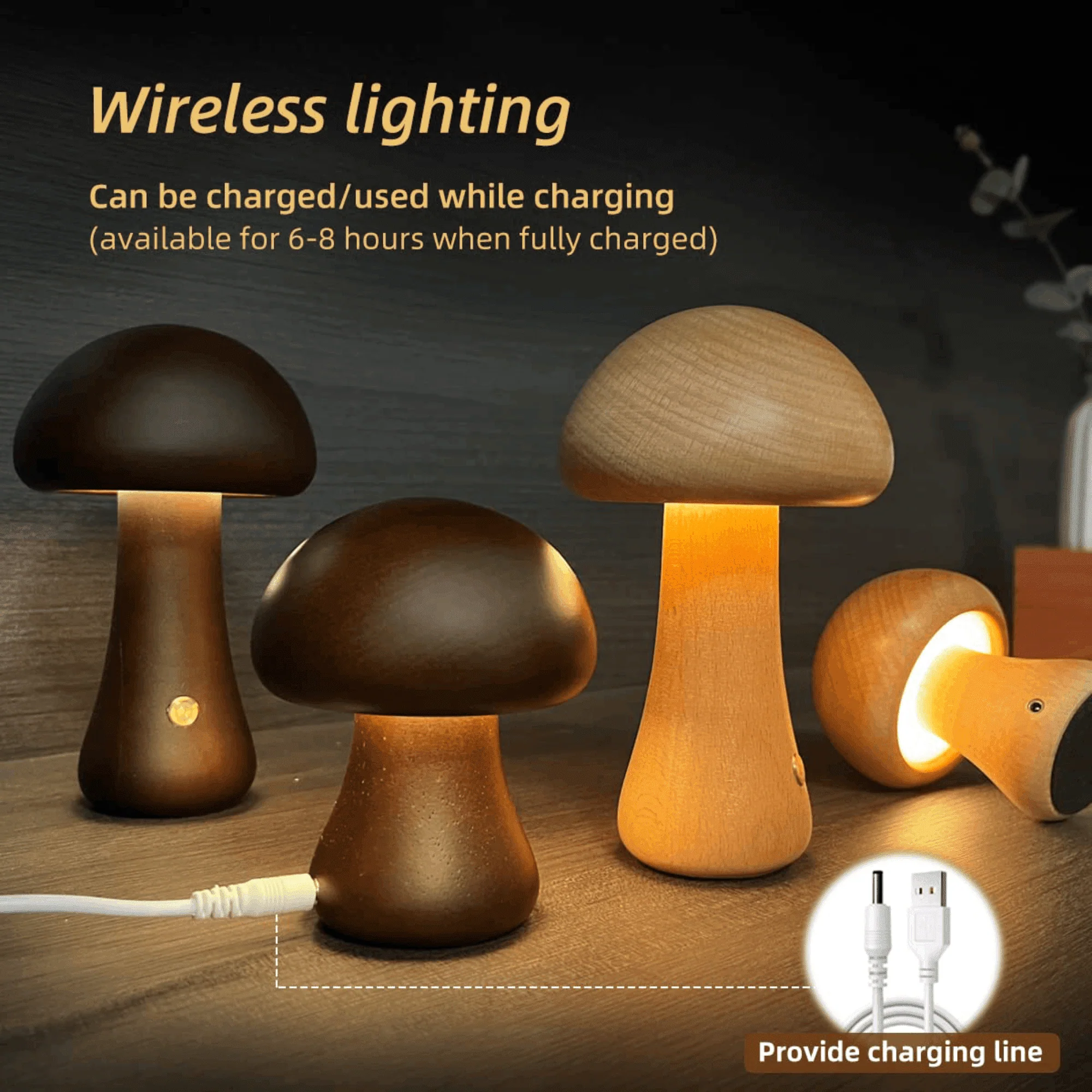 Mushroom Table Lamp, Dimmable LED Creative Wood Desk Lamp with USB Charging for Home Decor