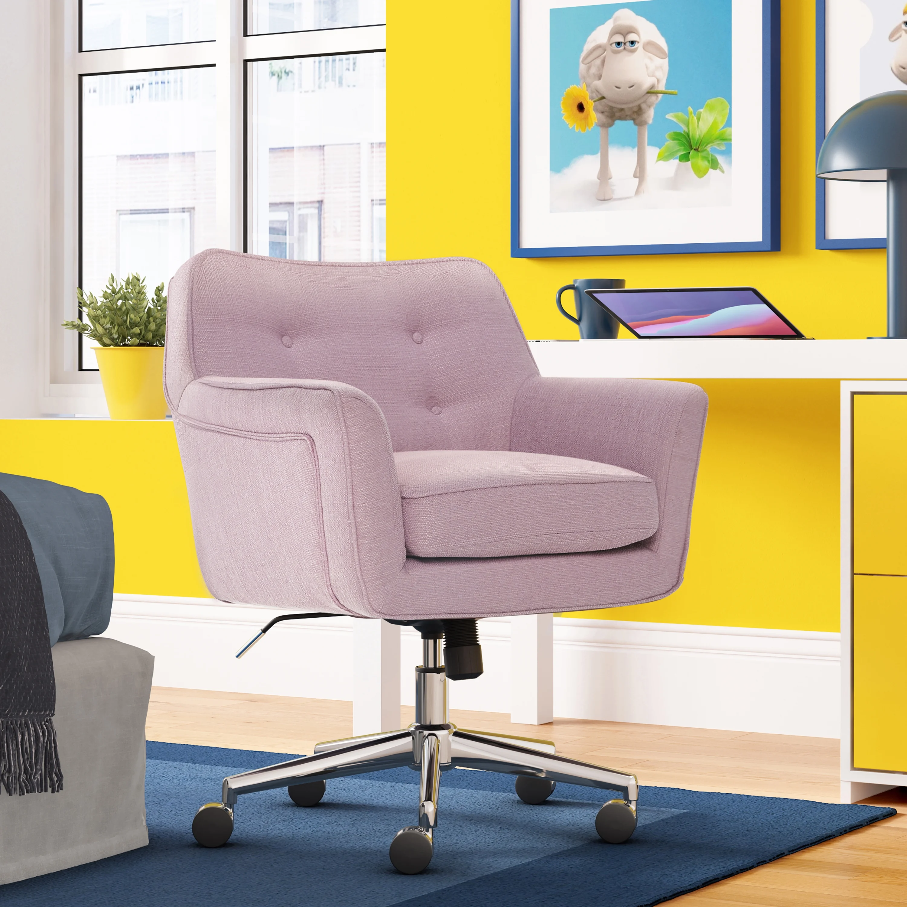 Serta Ashland Office Desk Chair, Button Tufted Mid-Back, Memory Foam Cushion, Chrome Swivel Base, Lilac Twill Fabric