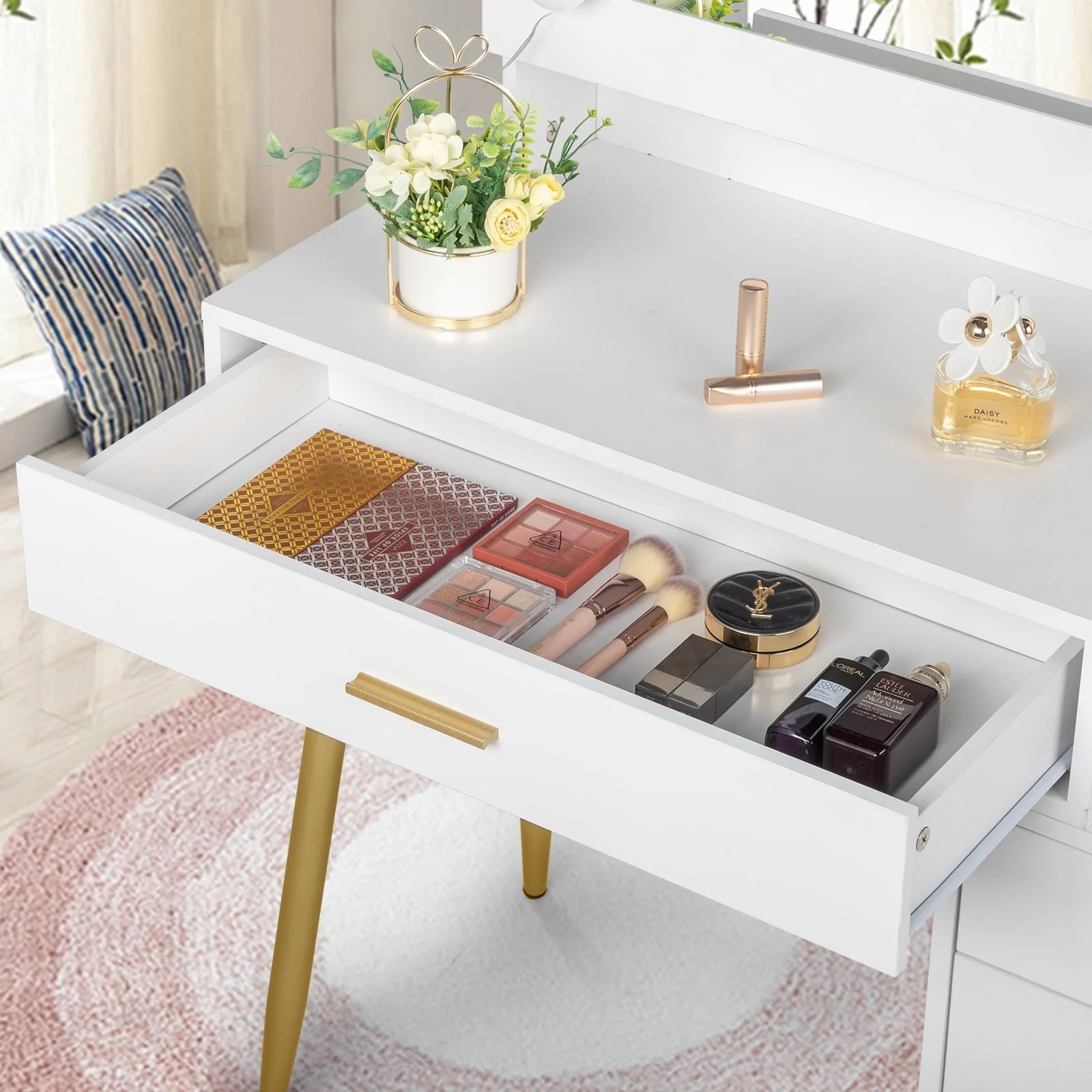Ktaxon Vanity Table Set with Sliding Mirror, Makeup Table with Storage Cabinet, Dressing Vanity Tables, Dresser Desk for Girls, Women, White