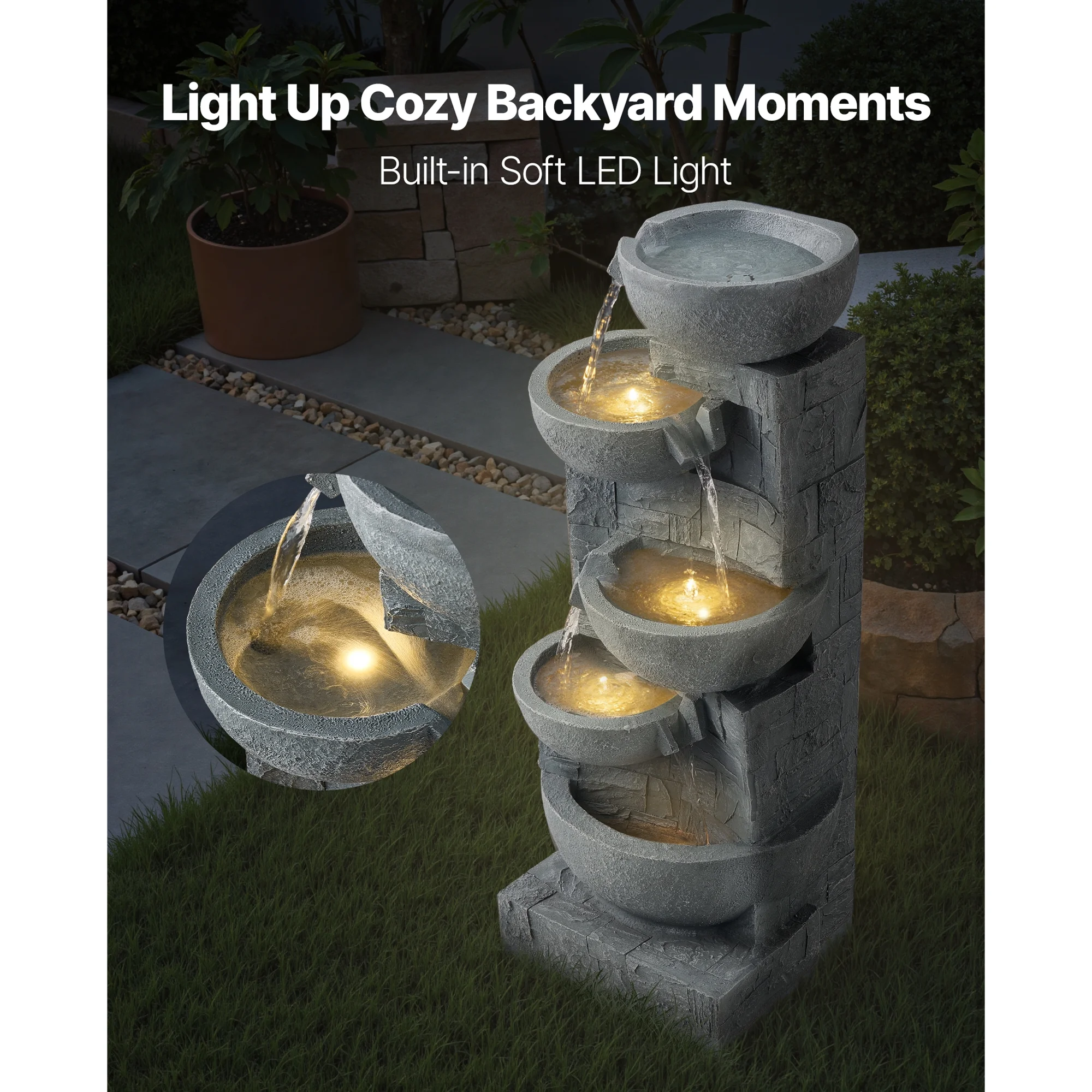 KFFKFF 31.5-Inch Outdoor Water Fountain with LED Light, 5-Tier Cascading Bowl Design, Floor-Standing Waterfall Feature for Garden, Patio, Home, and Backyard Use