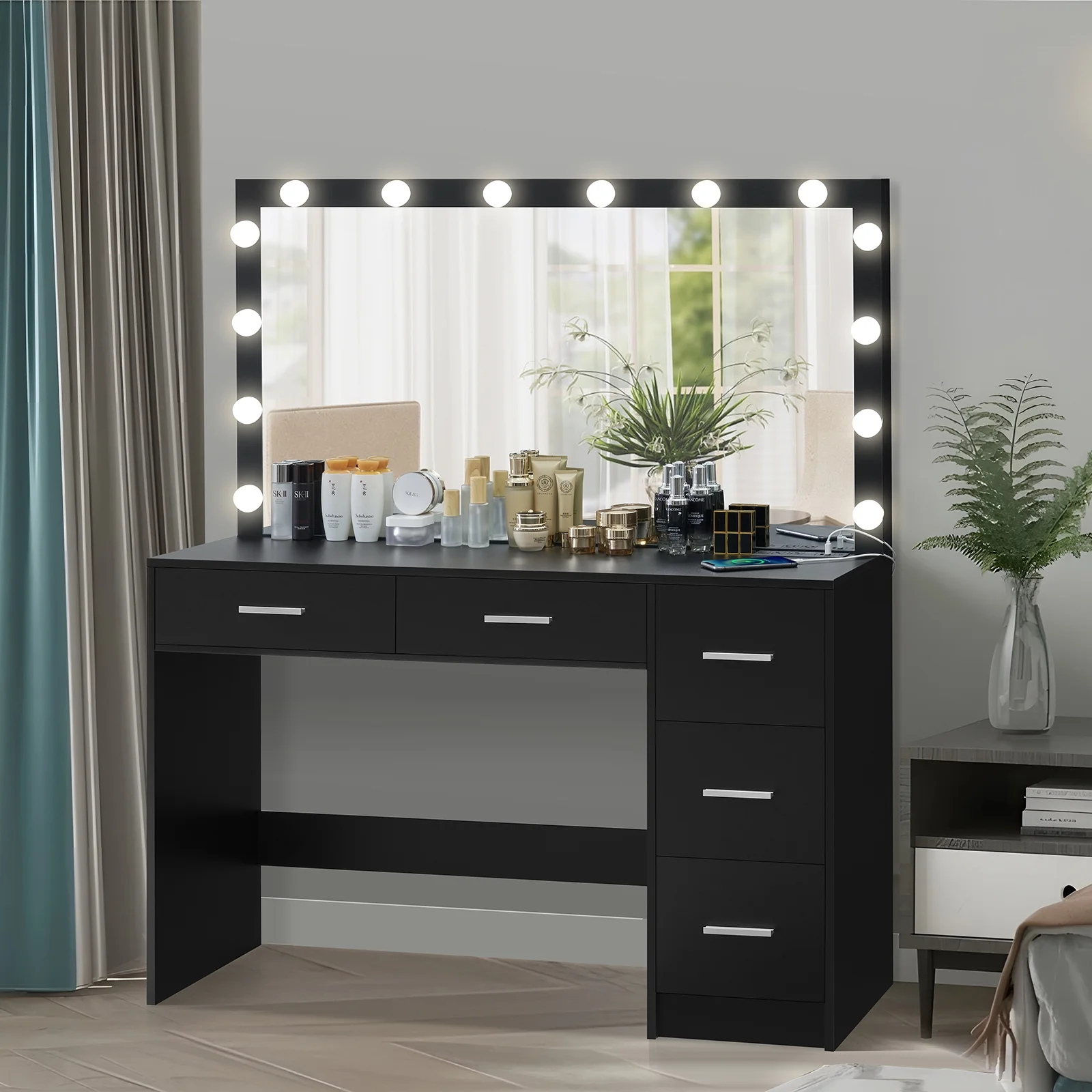 USIKEY Bedroom Adjustable Makeup LED Lights Desk, and Mirror Table Set, White