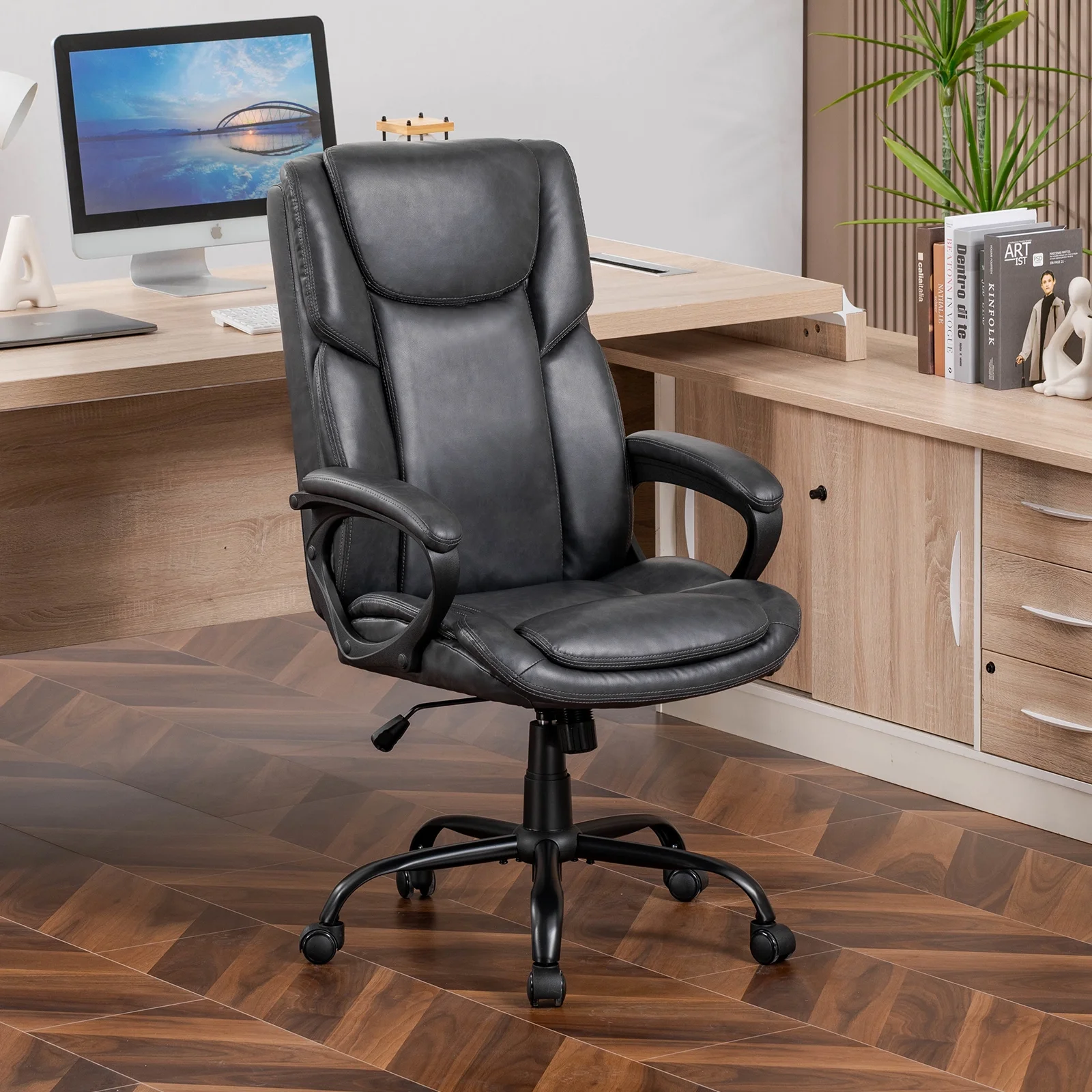 Mainstays Executive Ergonomic High Back Leather Home Office Desk Chair, Black
