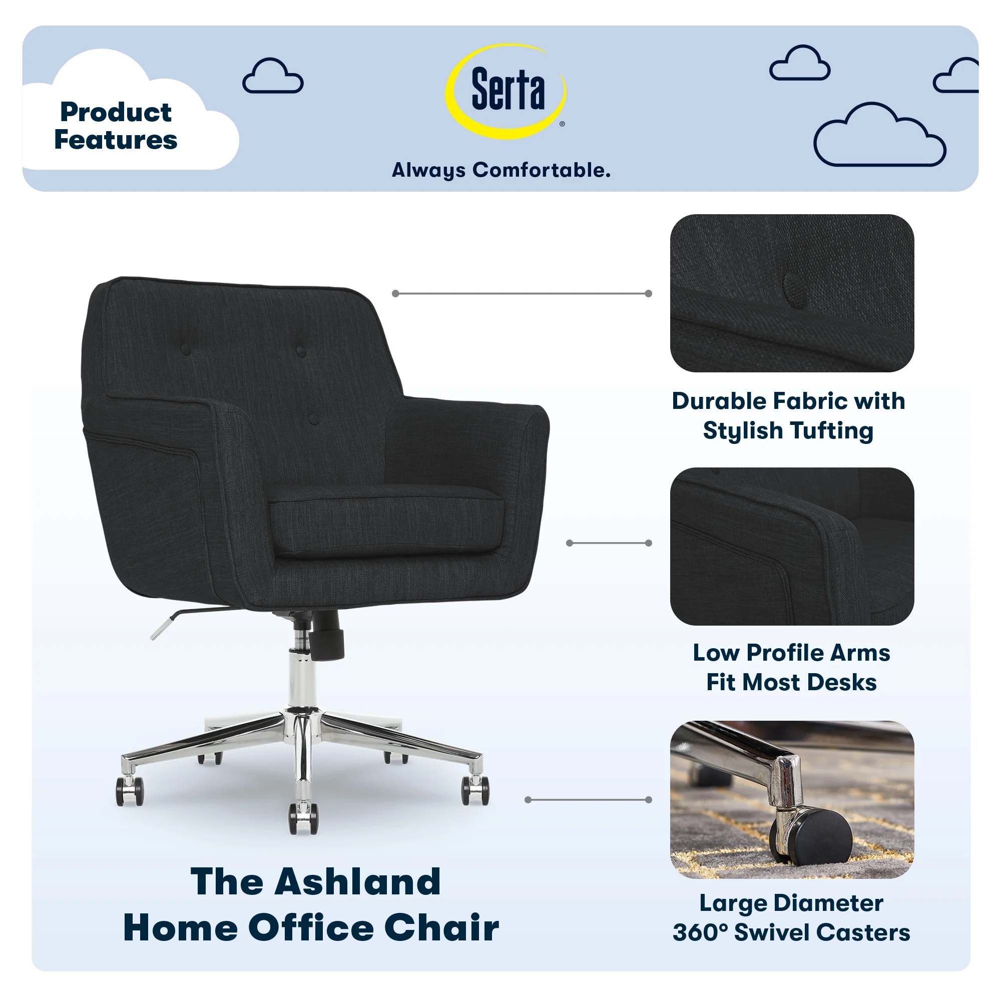 Serta Ashland Office Desk Chair, Button Tufted Mid-Back, Memory Foam Cushion, Chrome Swivel Base, Charcoal