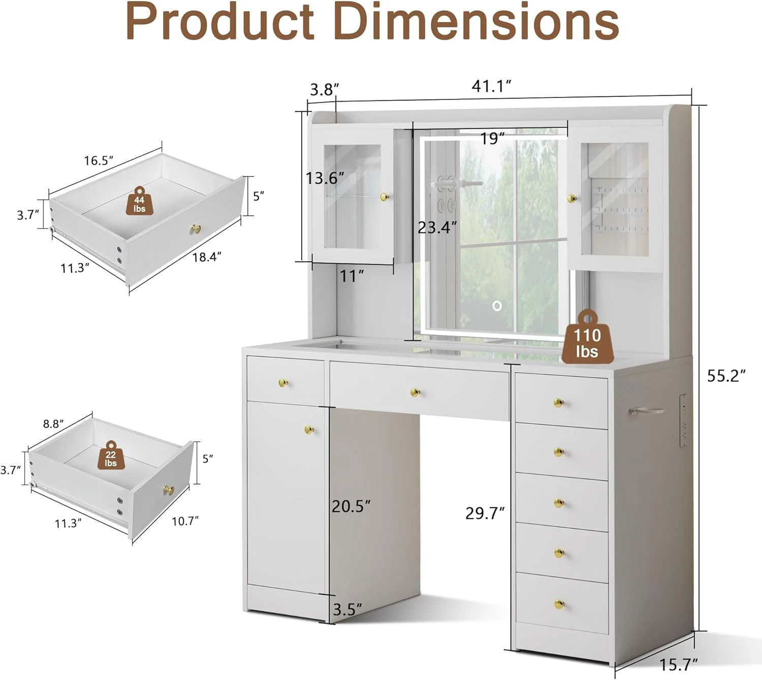iPormis Vanity Desk with Mirror and Lights, Glass Top Makeup Vanity with RGB Light and  Charging Station for Girls , White