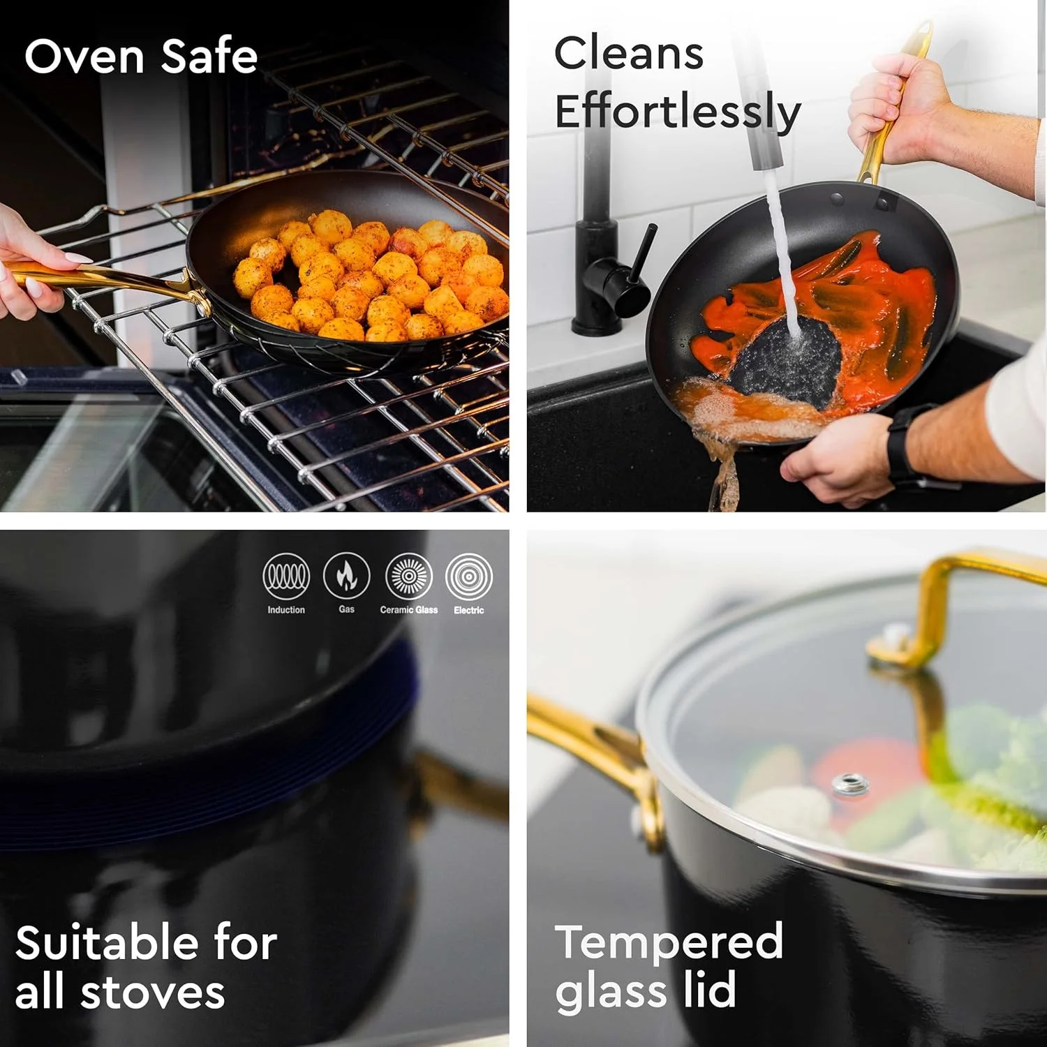 Styled Settings White Pots and Pans Set Nonstick-15 Piece Luxe White Cookware Set Non Toxic,Oven Safe,Induction Safe Cooking Pot with Strainer Lid,Gold Cooking Utensils,Gold Pots & Pans��