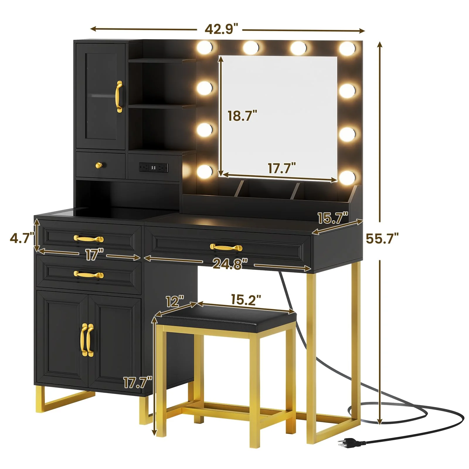 AMUZER Modern Vanity Desk Set with Mirror and Lights & Stool, Makeup Vanity Table with Charging Station, 4 Stoarge Drawers & Double-Door Cabinet, White