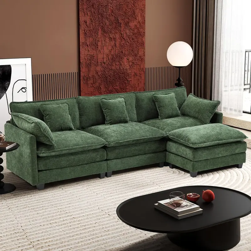 111.4-Inch L-Shaped Modular Cloud Sofa – Chenille 4-Seater with Ottoman & Deep Seat Design