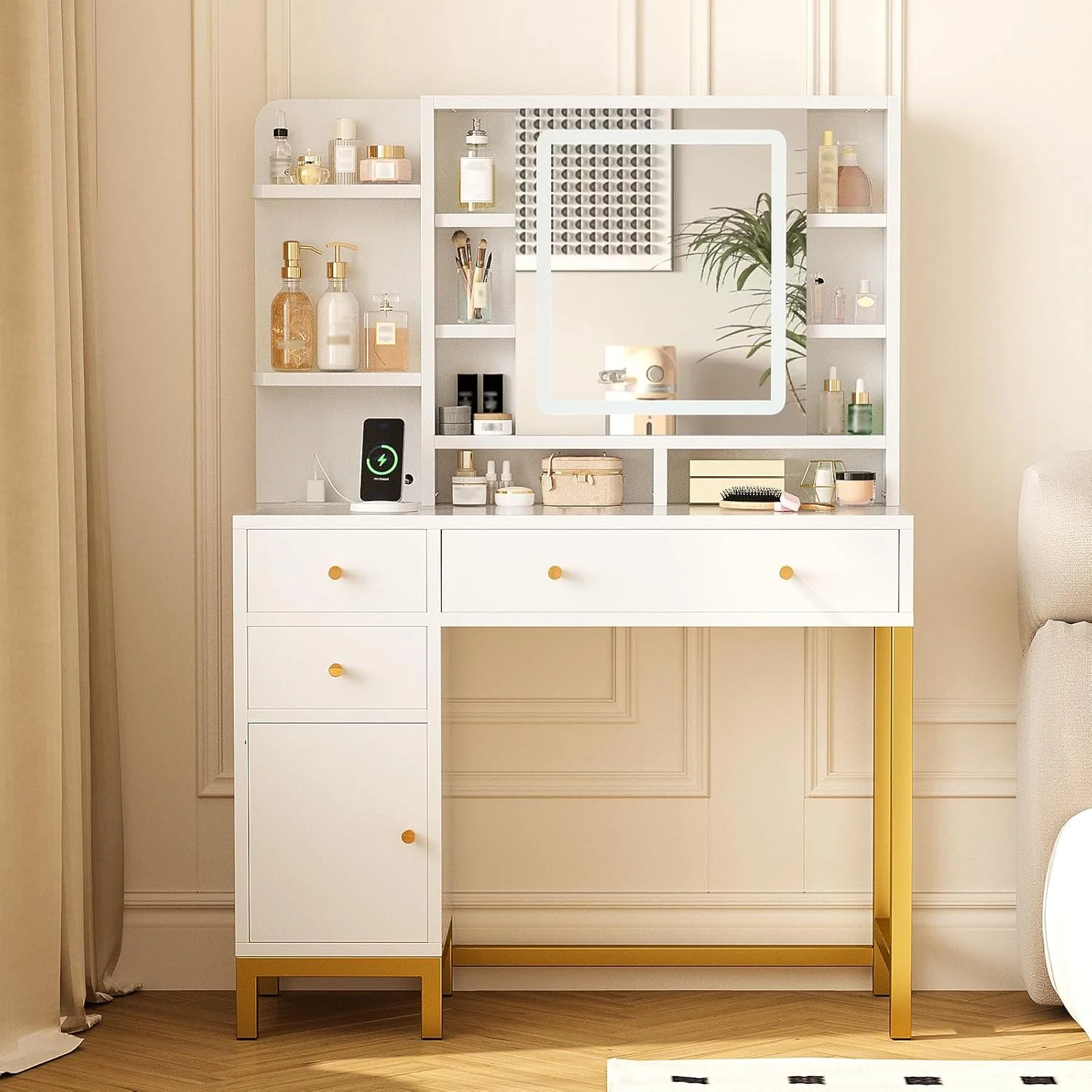 Juiluna Makeup Vanity with Led Lighted Mirror & Power Outlet, 3 Lighting Modes, Brightness Adjustable, Vanity Desk with Acrylic Tabletop & Drawers and Cabinets for Bedroom, White