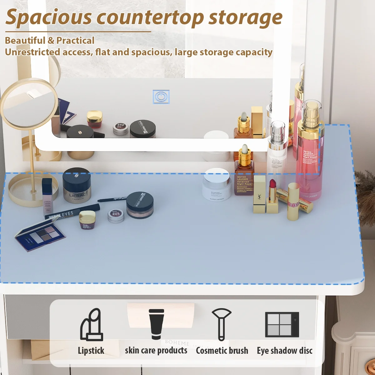 MONSLIPA Makeup Vanity Desk Set w/ Light, Sturdy Dressing Vanity Table with Bench, Shelves & Drawers