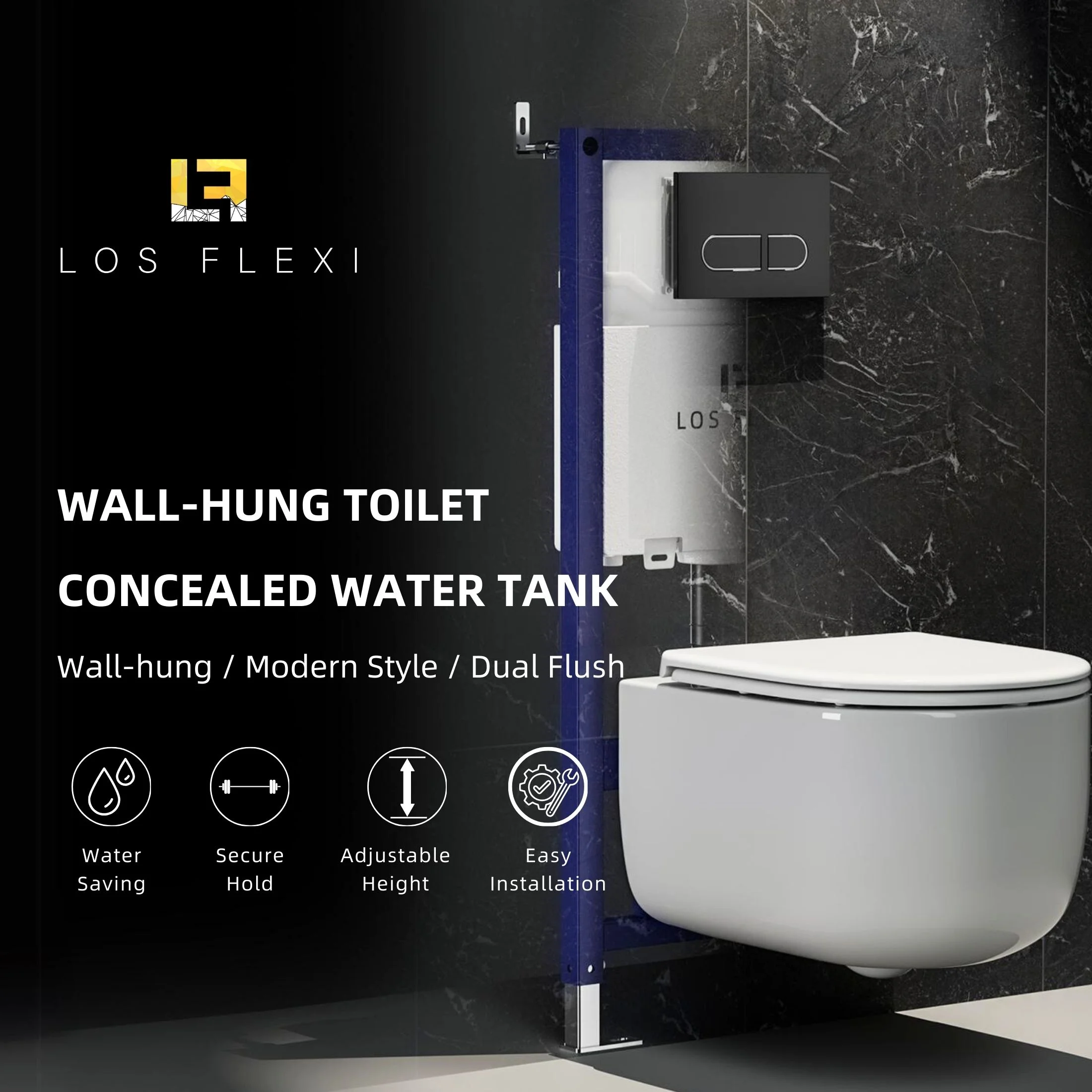 Los Flexi Compact Wall-Mount Toilet Set - Round Bowl, In-Wall Tank, Tornado Flush, Actuator Plate Included