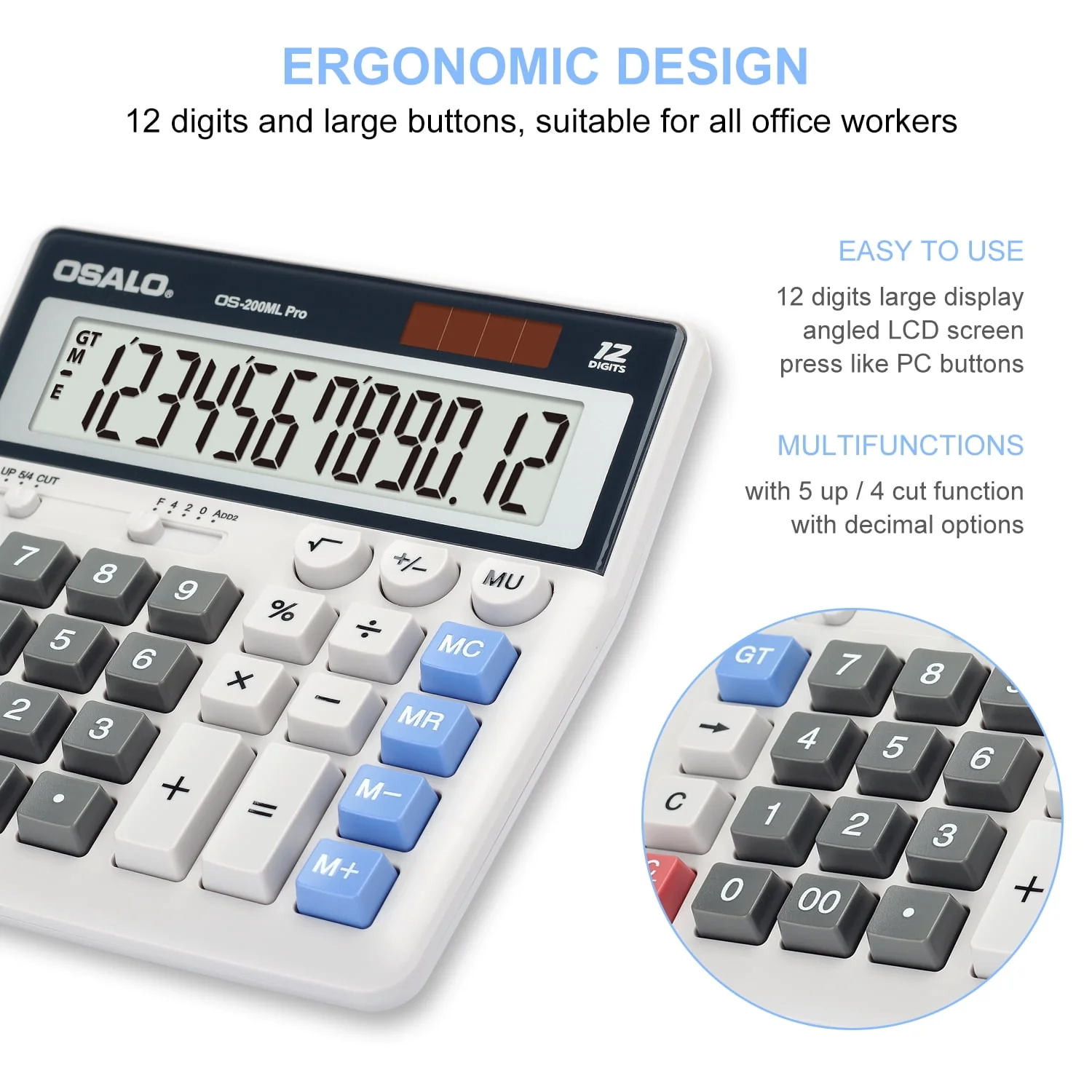 OSALO Calculator Extra Large Display Solar Big Buttons 12 Digits Desktop Calculator(OS-200ML)