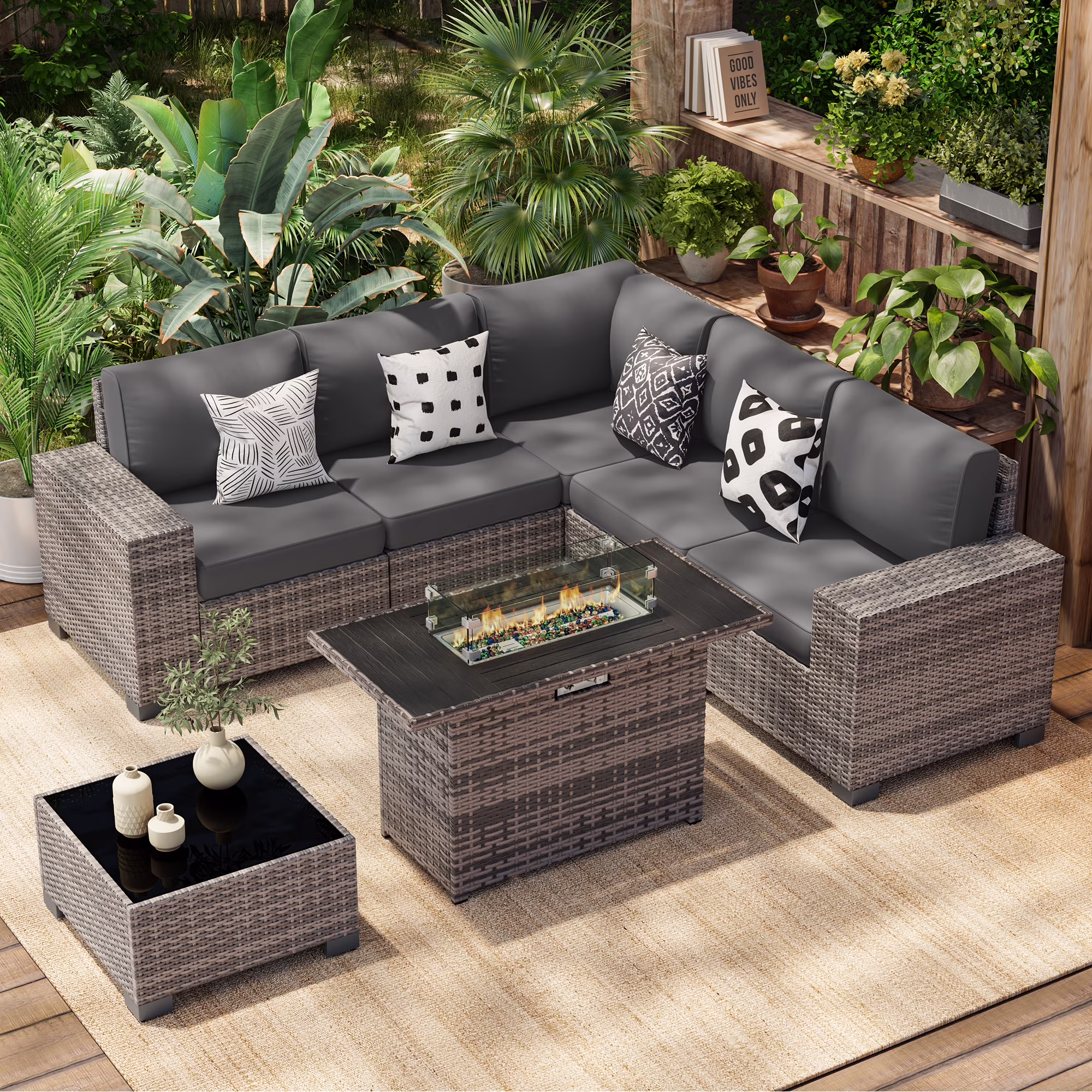 Poteban Patio Furniture Set 6 PCS Outdoor Sectional Conversation Sets Featuring Widen Wicker Armrests and High Back, Black (Waterproof Covers Included)