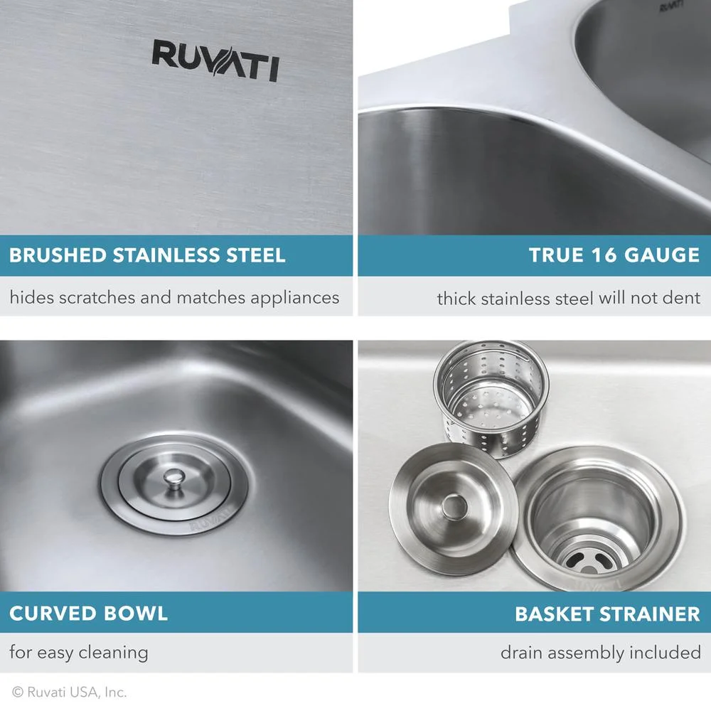 Ruvati 32-inch Low-Divide 50/50 Double Bowl Undermount 16 Gauge Kitchen Sink