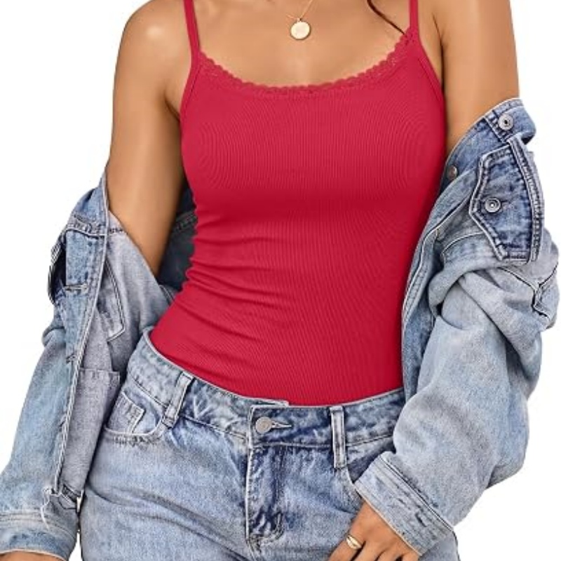Womens Lace Tank Top Adjustable Spaghetti Straps Ribbed Camisole Tops
