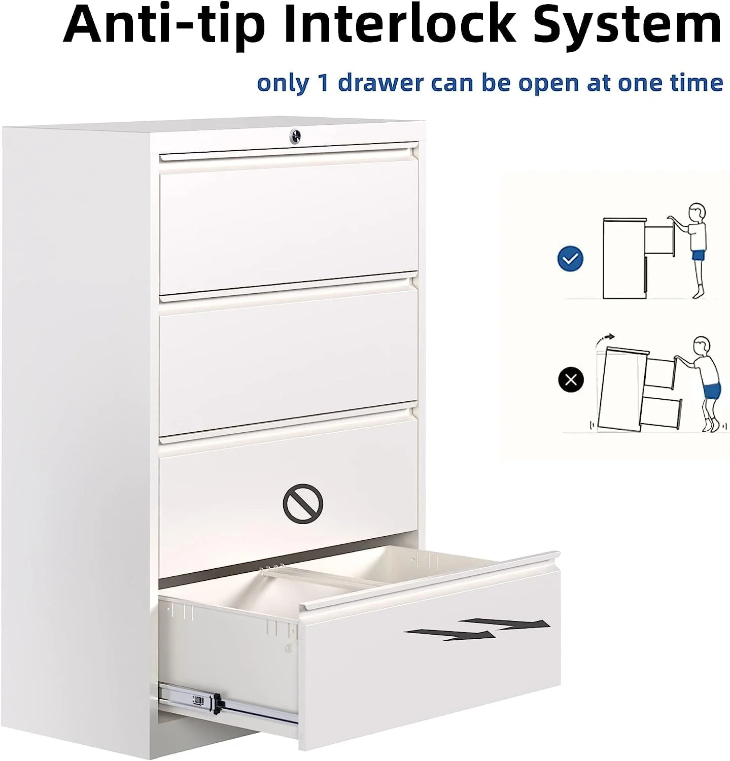 Supeer Four Drawer Metal Lateral File Cabinet, Storage White File Cabinet with Large Deep Drawers, Locking Wide File Cabinet for School, Office, Home,  Assembly Required